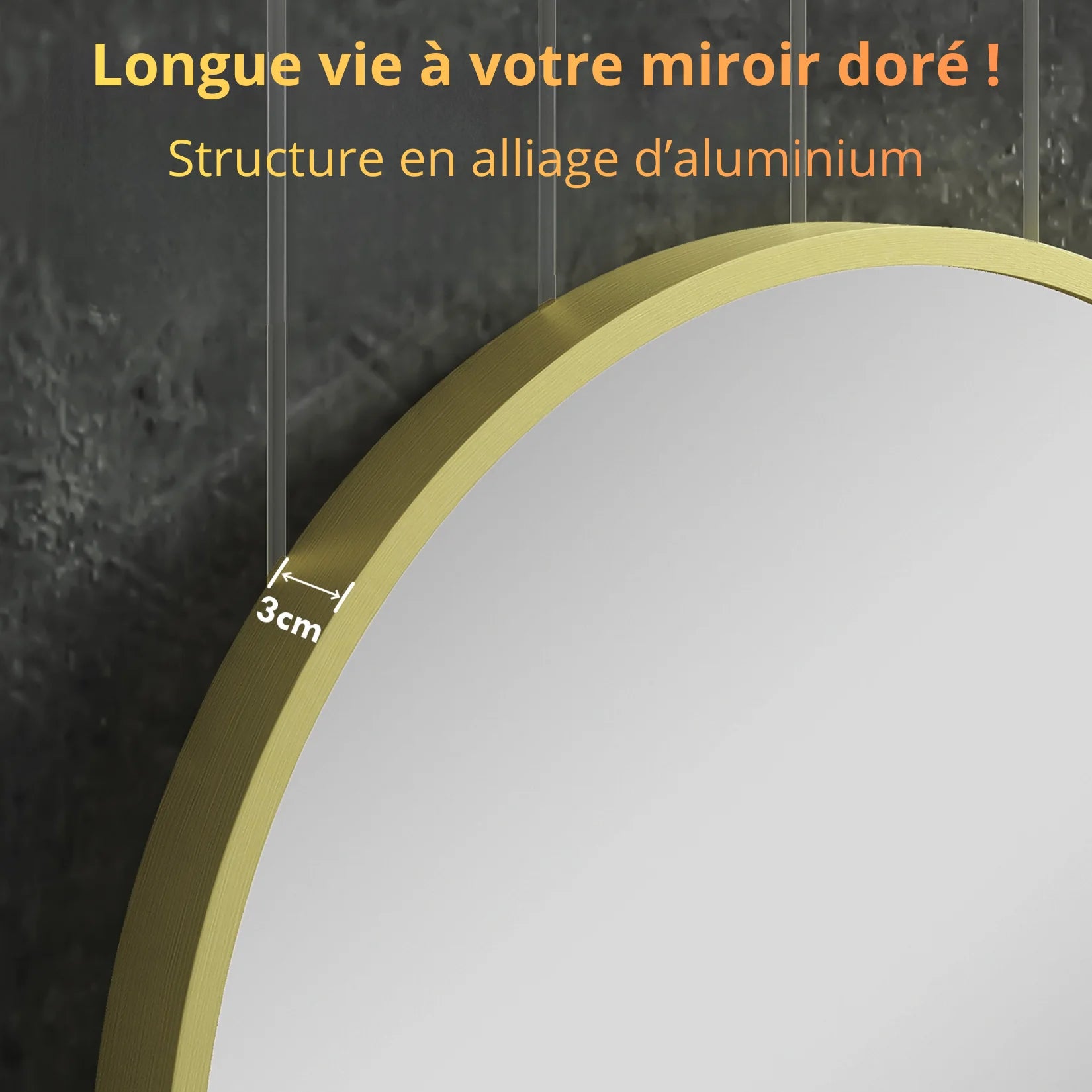 Miroir contour doré détail cadre aluminium brossé.