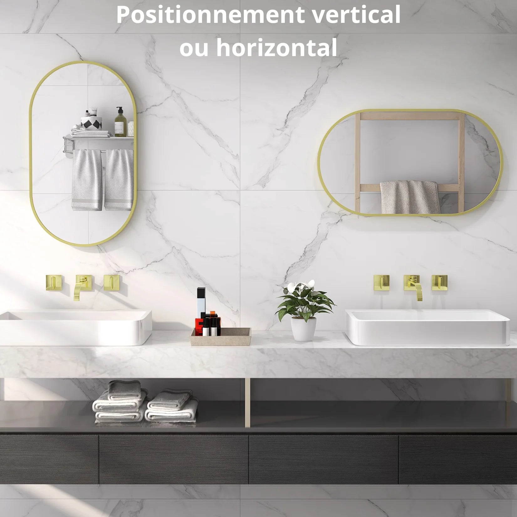 Miroir contour doré pose verticale et horizontale.