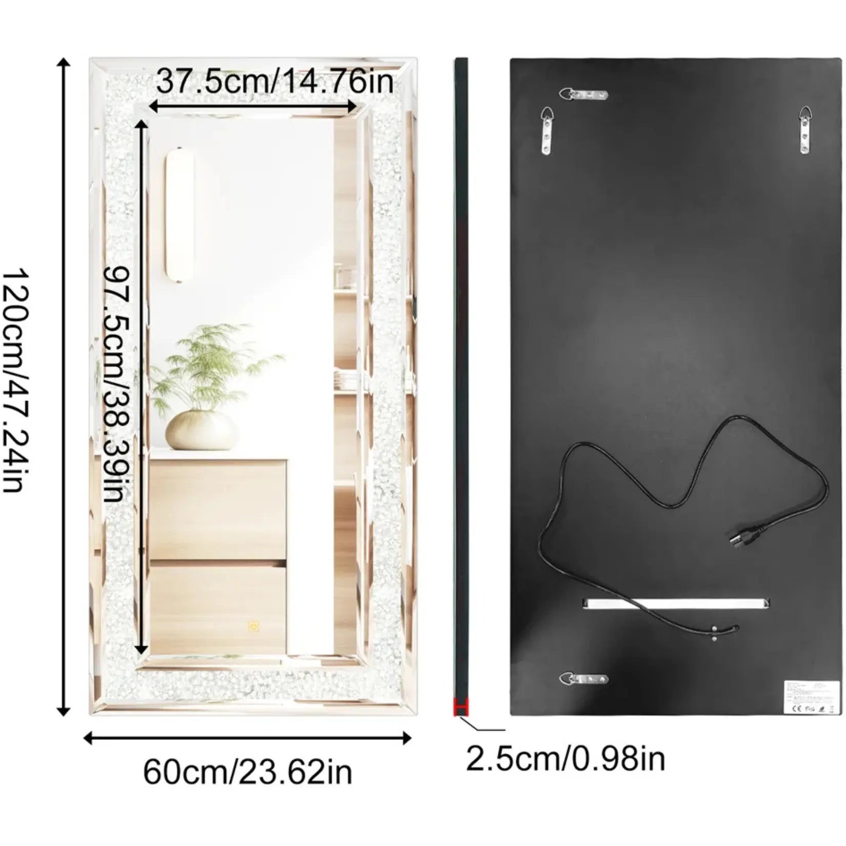 Miroir dans une chambre avec vue sur ses dimensions et ses fixations murales.