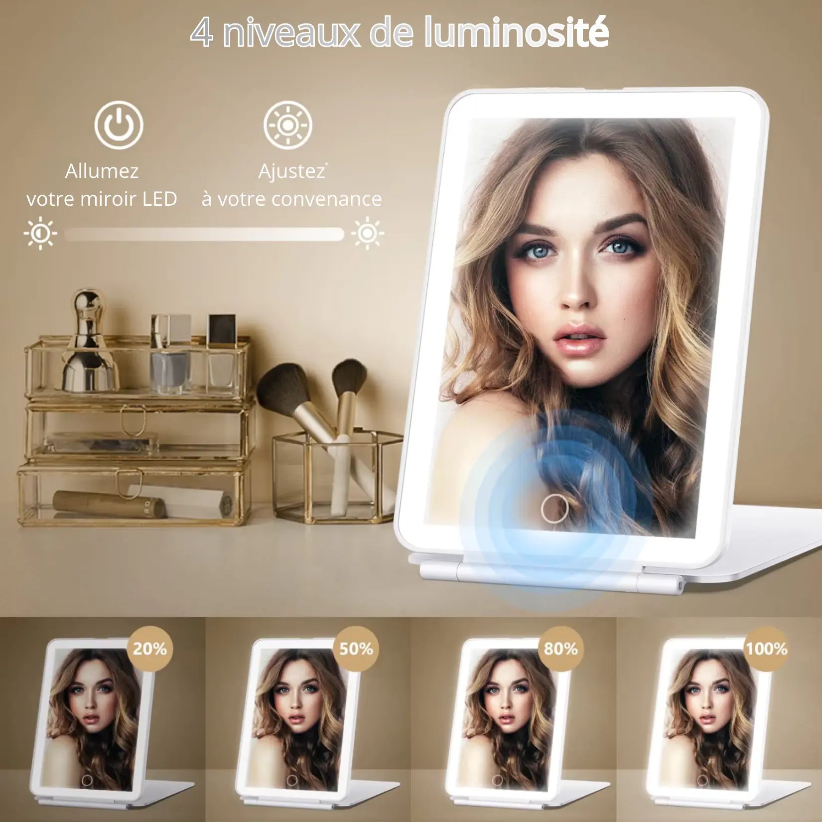 Miroir de Maquillage Grossissant LED quatre niveaux de luminosité.