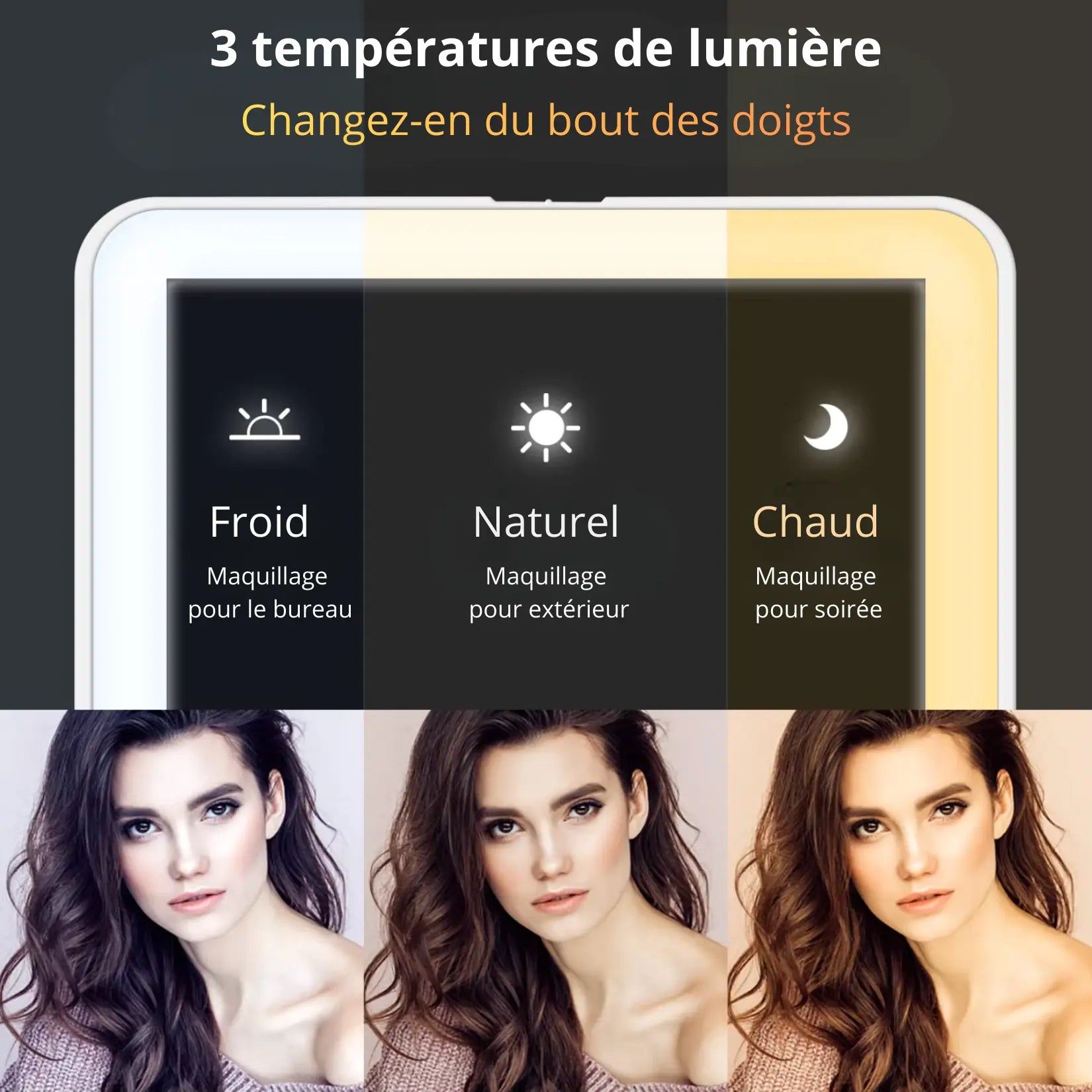 Miroir de Maquillage Grossissant LED trois températures lumière froide naturelle chaude.