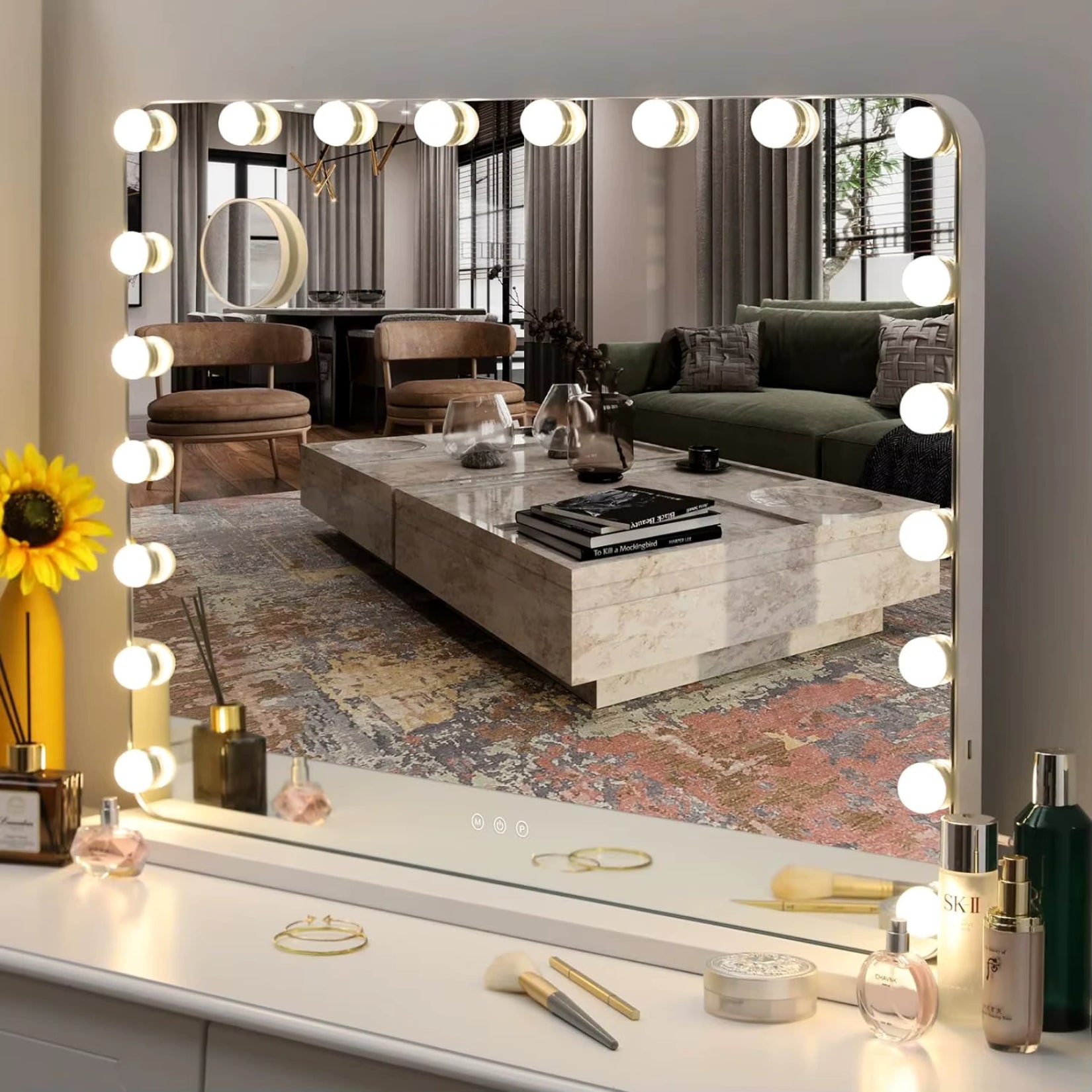 Miroir de maquillage LED Hollywood offrant une ambiance luxueuse et un éclairage parfait.