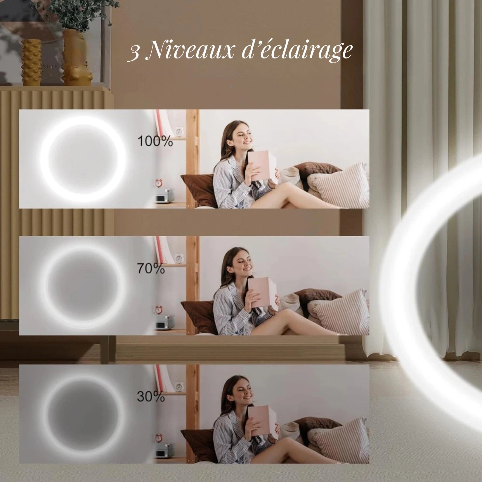 Miroir de poche avec lumière LED et 3 niveaux d’éclairage réglables.