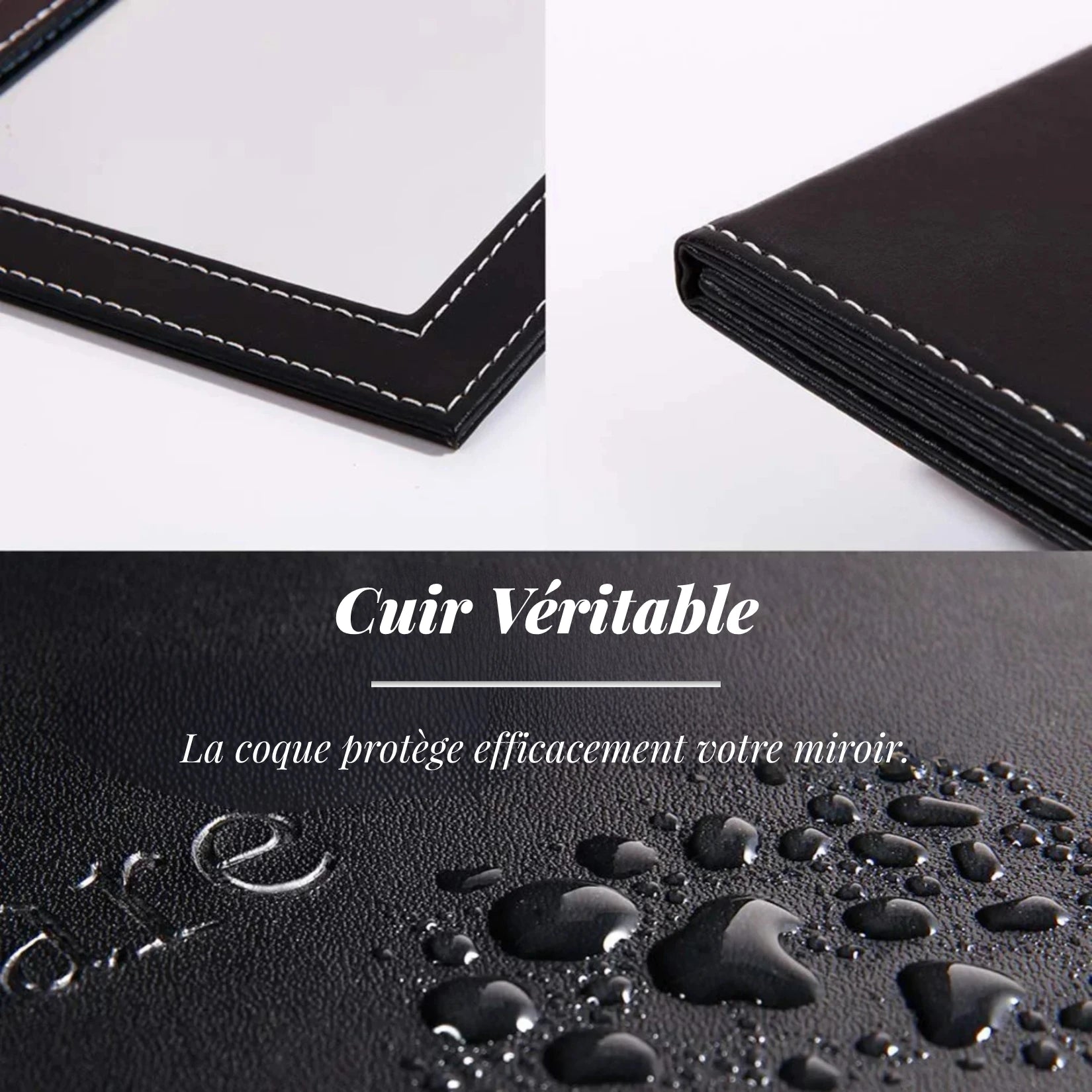 Miroir de poche cuir noir avec sa coque résistante à l’eau et aux rayures.