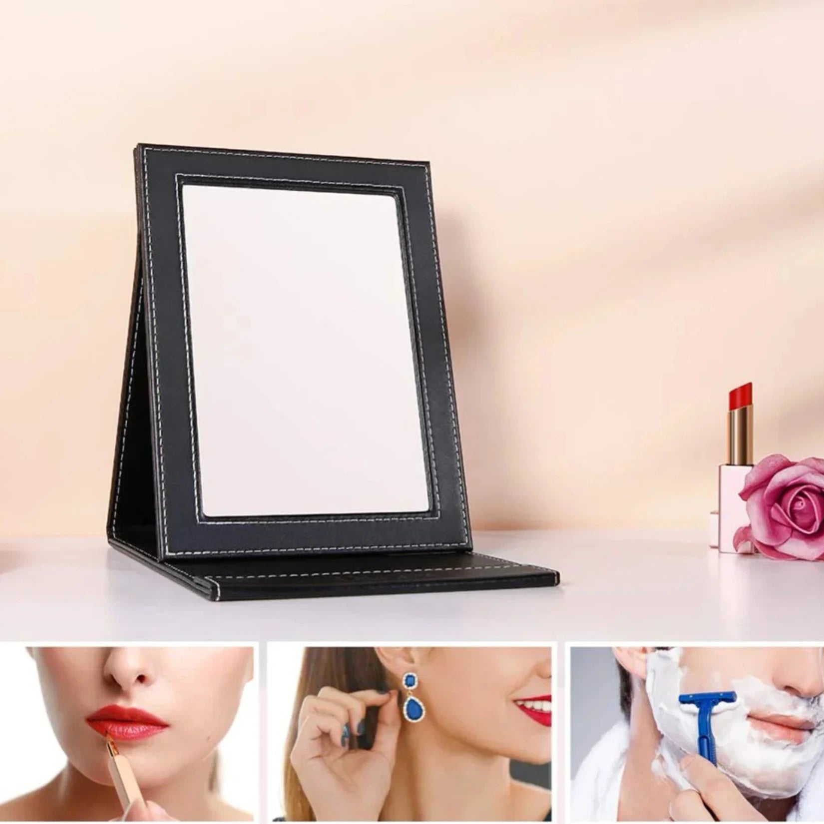 Miroir de poche cuir noir utilisé pour se maquiller, mettre des boucles d’oreilles et se raser.