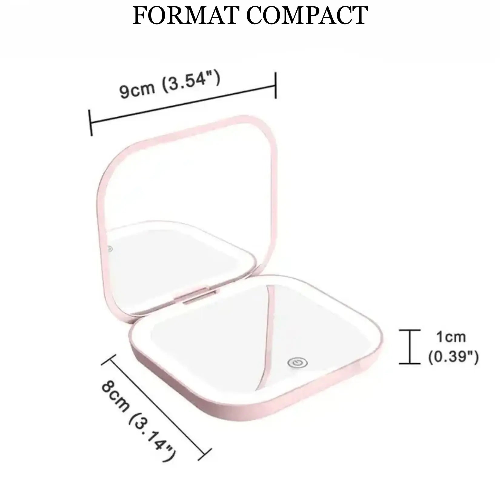 Miroir de poche grossissant au format compact avec dimensions 9 x 8 cm.