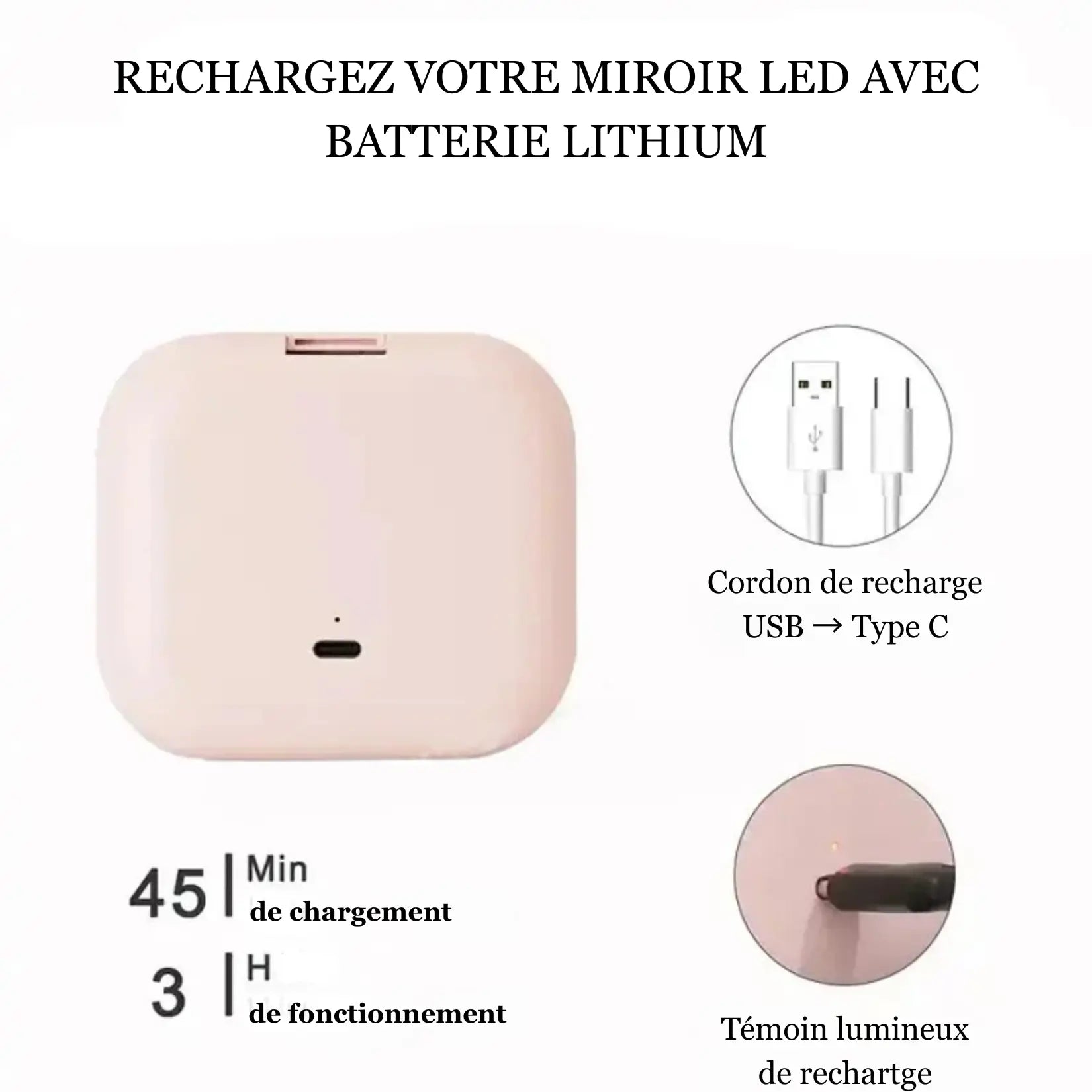 Miroir de poche grossissant rechargeable par câble USB Type-C.