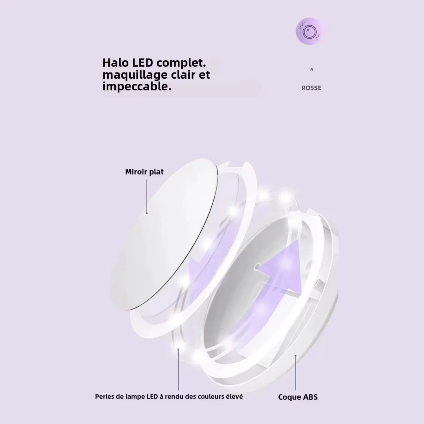Miroir de poche lumineux avec halo LED complet pour un maquillage clair et impeccable.