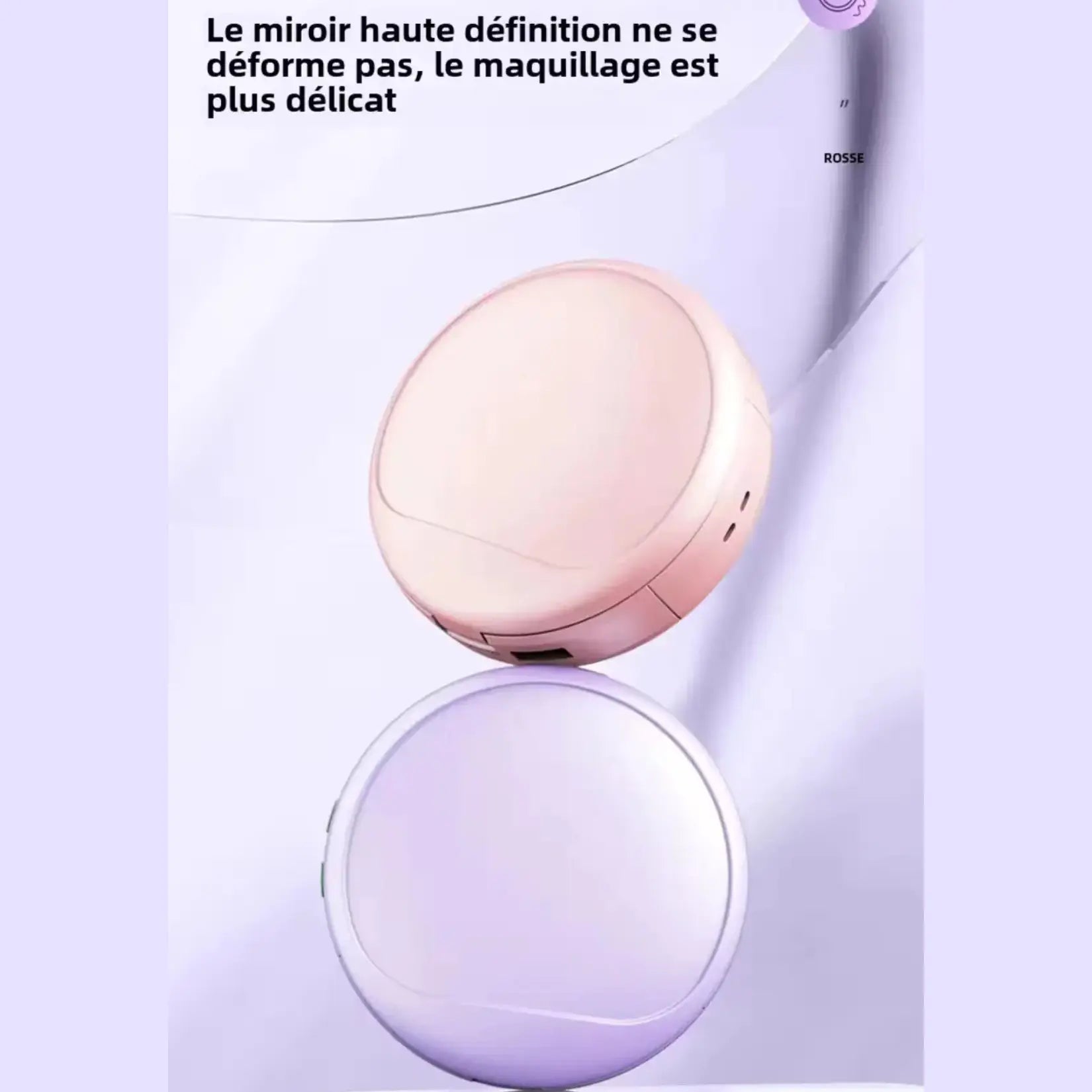 Miroir de poche lumineux haute définition rose et violet pour un maquillage précis et naturel.