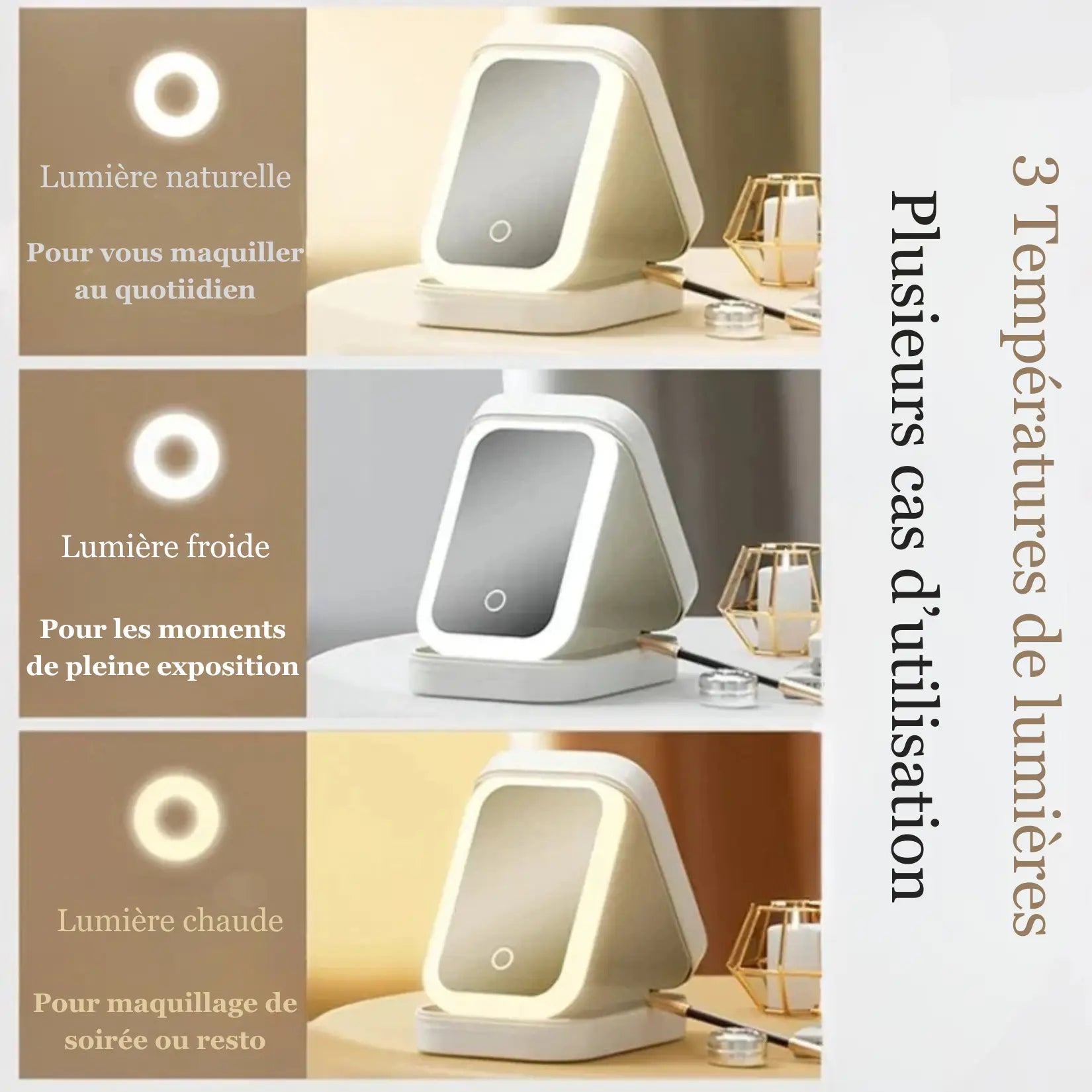 Miroir de sac LED avec 3 températures de lumière (froid, neutre, chaud) pour maquillage, format compact 16,5 × 11,5 × 3,5 cm.