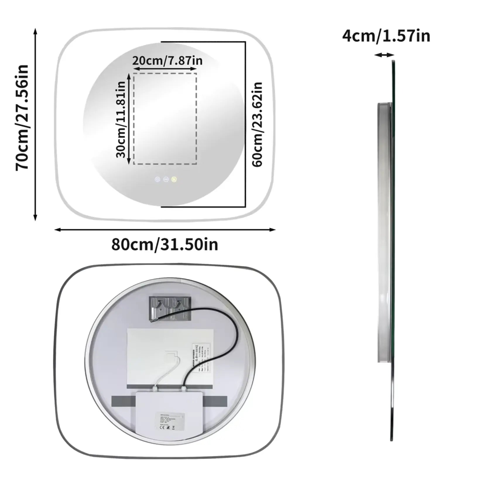 Dimensions du miroir de salle de bain LED rond carré avec vue de côté et dos.