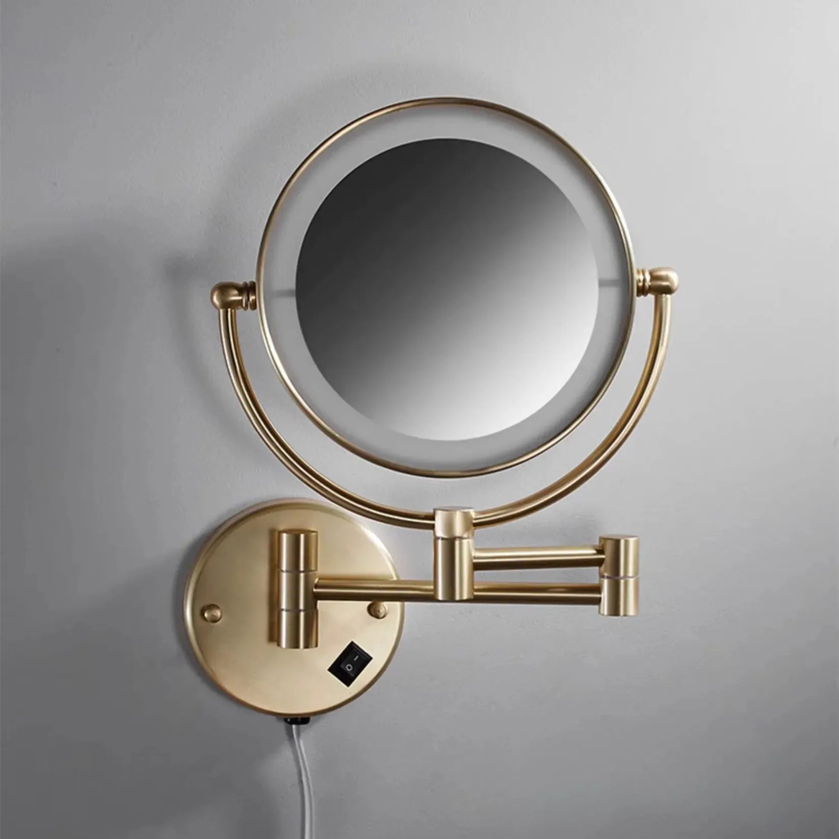 Miroir déporté LED bras articulé extensible finition dorée antique.
