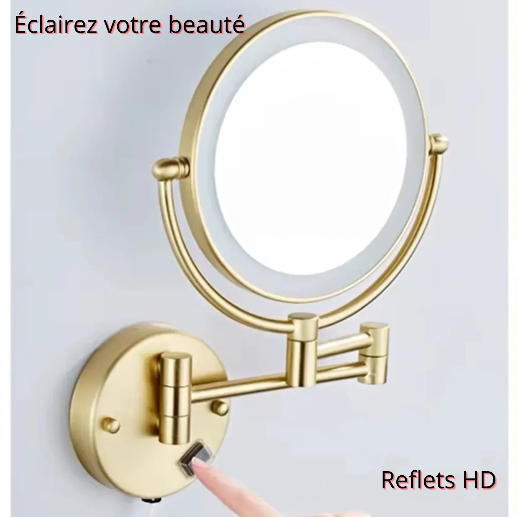Miroir déporté LED éclairage annulaire pour maquillage, finition dorée antique.