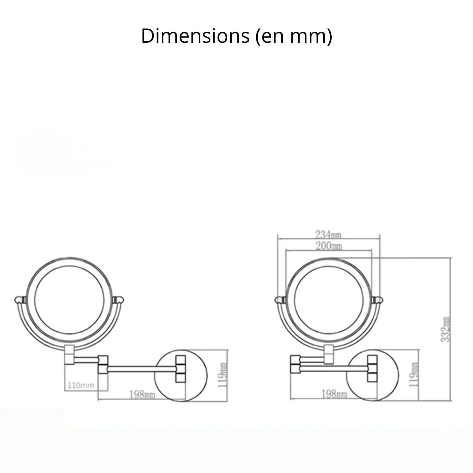 Schéma dimensions miroir déporté mural LED – diamètre 200 mm, bras 198 mm, hauteur 332 mm.