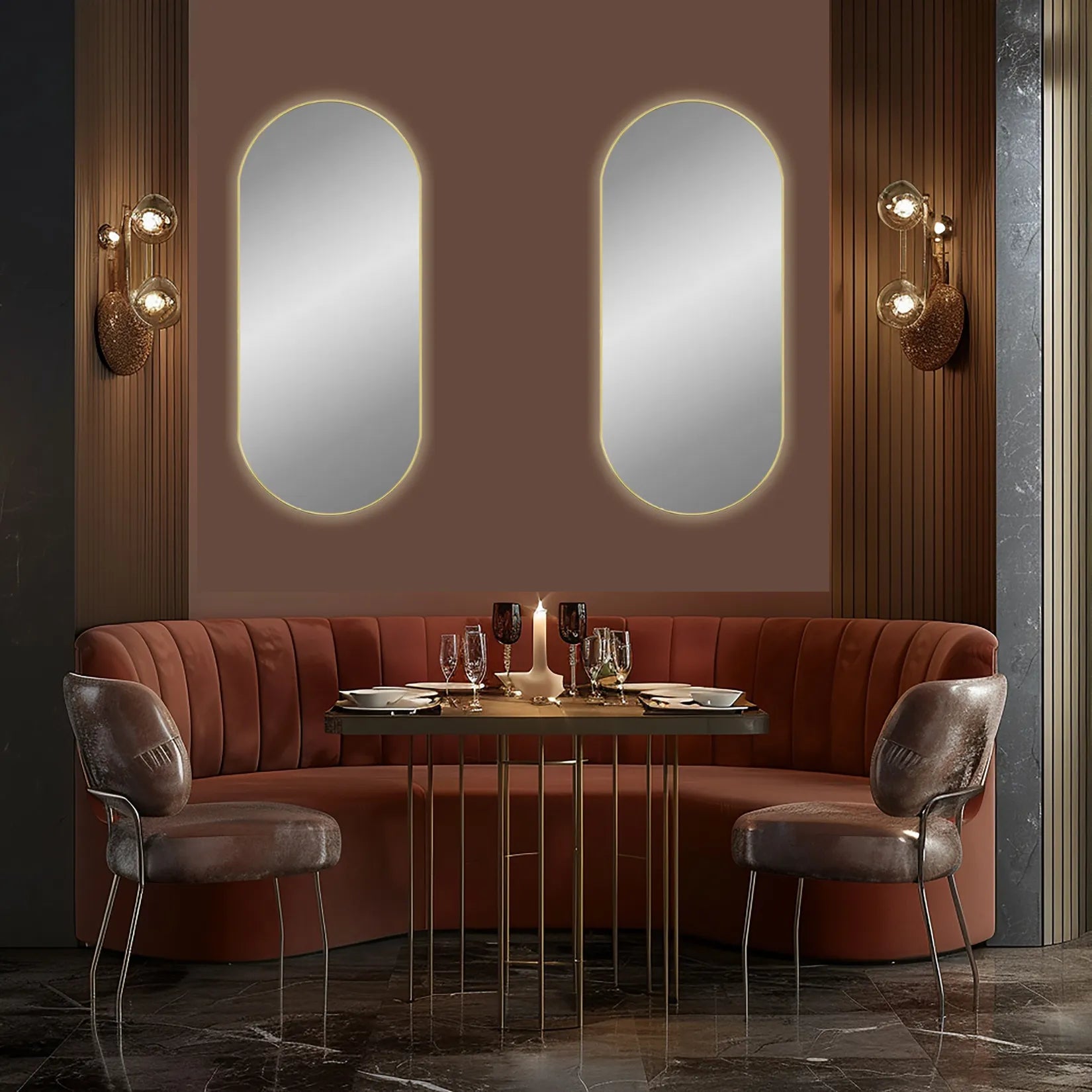 Miroir design doré mural 100x45 cm dans un décor de restaurant chic.