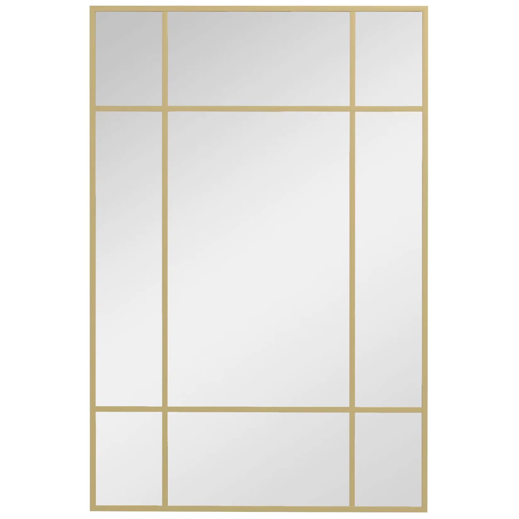 Miroir doré rectangulaire effet fenêtre avec finitions dorées élégantes.