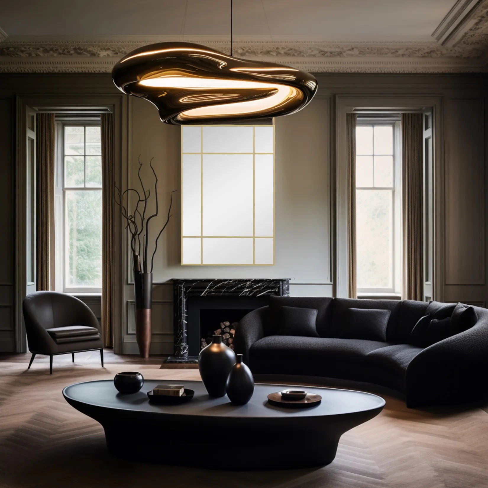 Miroir doré mural installé dans un salon haussmannien raffiné.