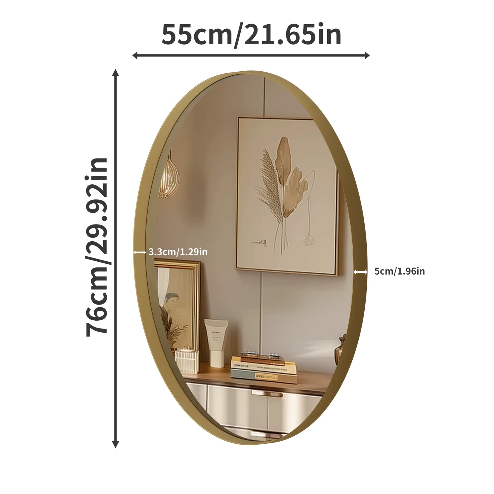 Dimensions précises du miroir doré ovale 76x55 cm avec profondeur de 5 cm.