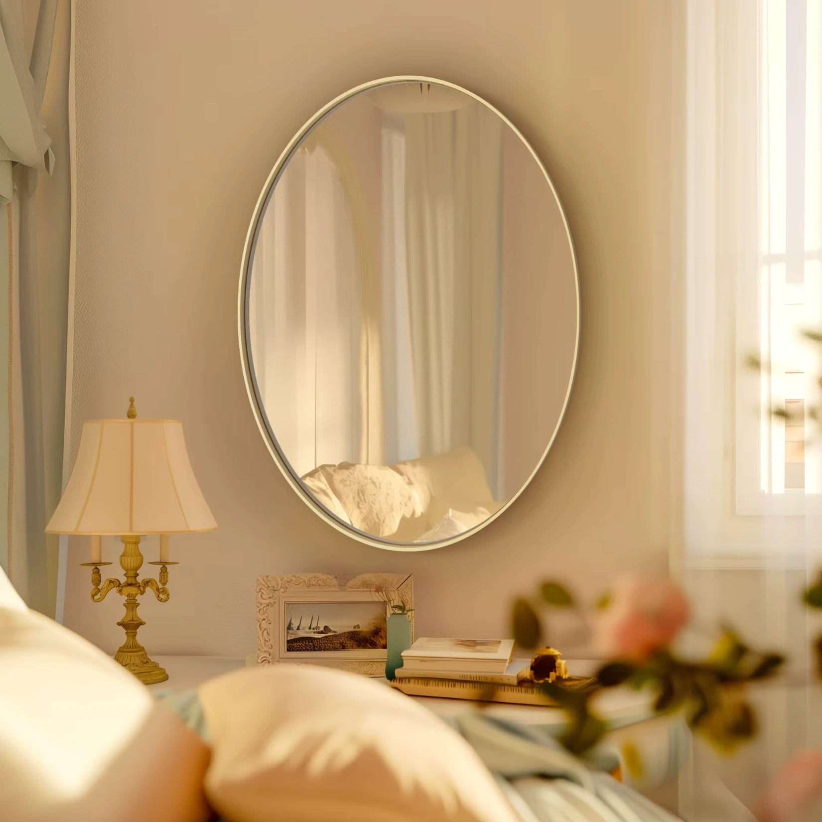 Miroir doré ovale accroché au mur dans une chambre chic et lumineuse.