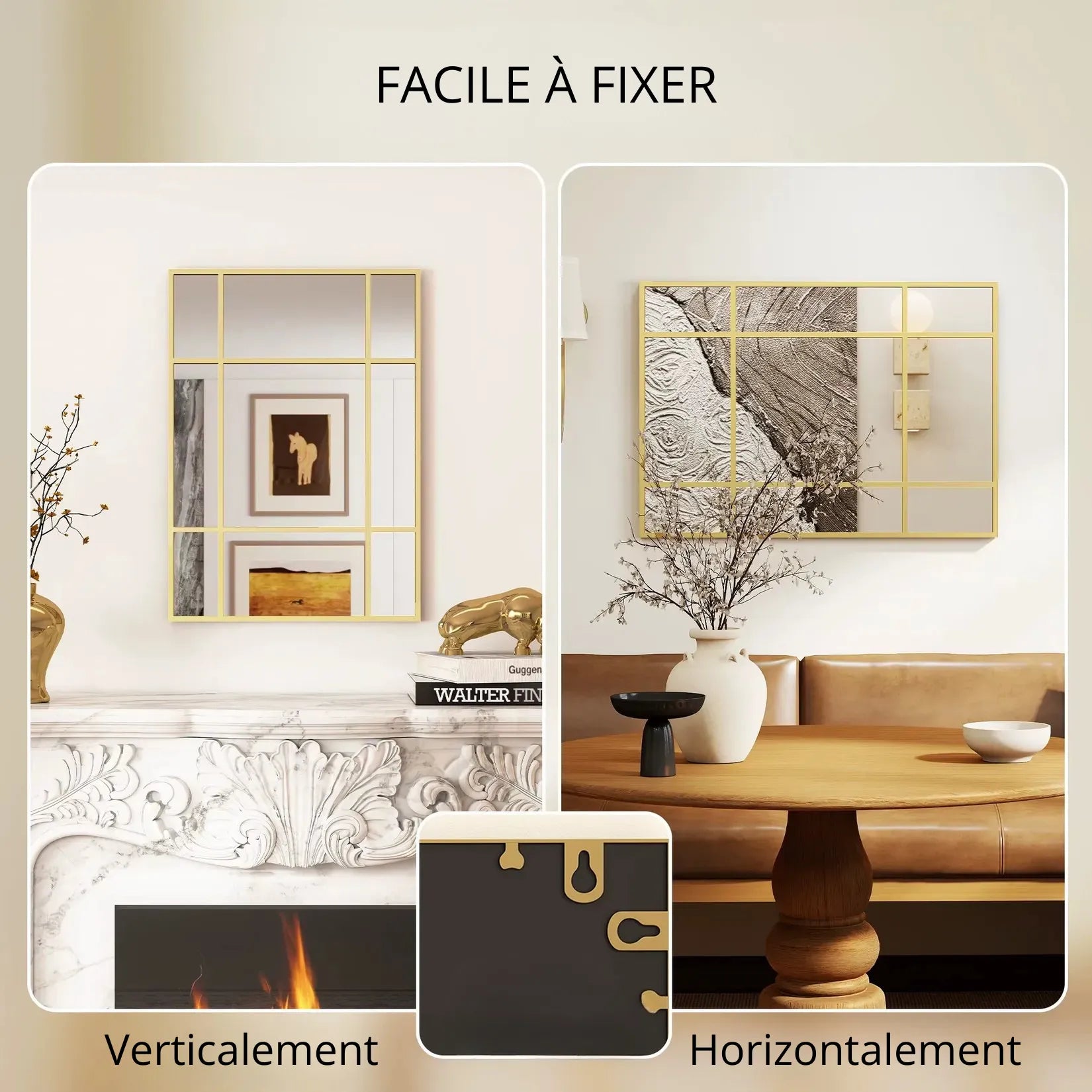 Miroir Doré Rectangulaire 70x50 cm verrière orientations vertical horizontal.