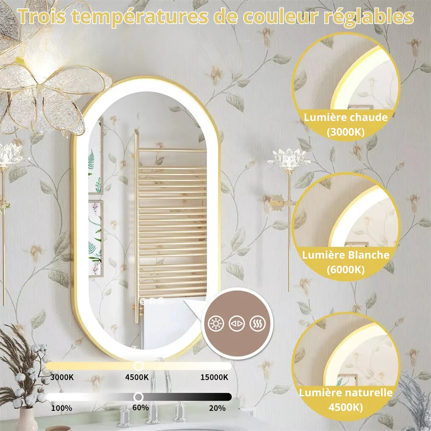 Miroir doré salle de bain LED – 3 températures 3000K 4500K 6000K boutons tactiles.
