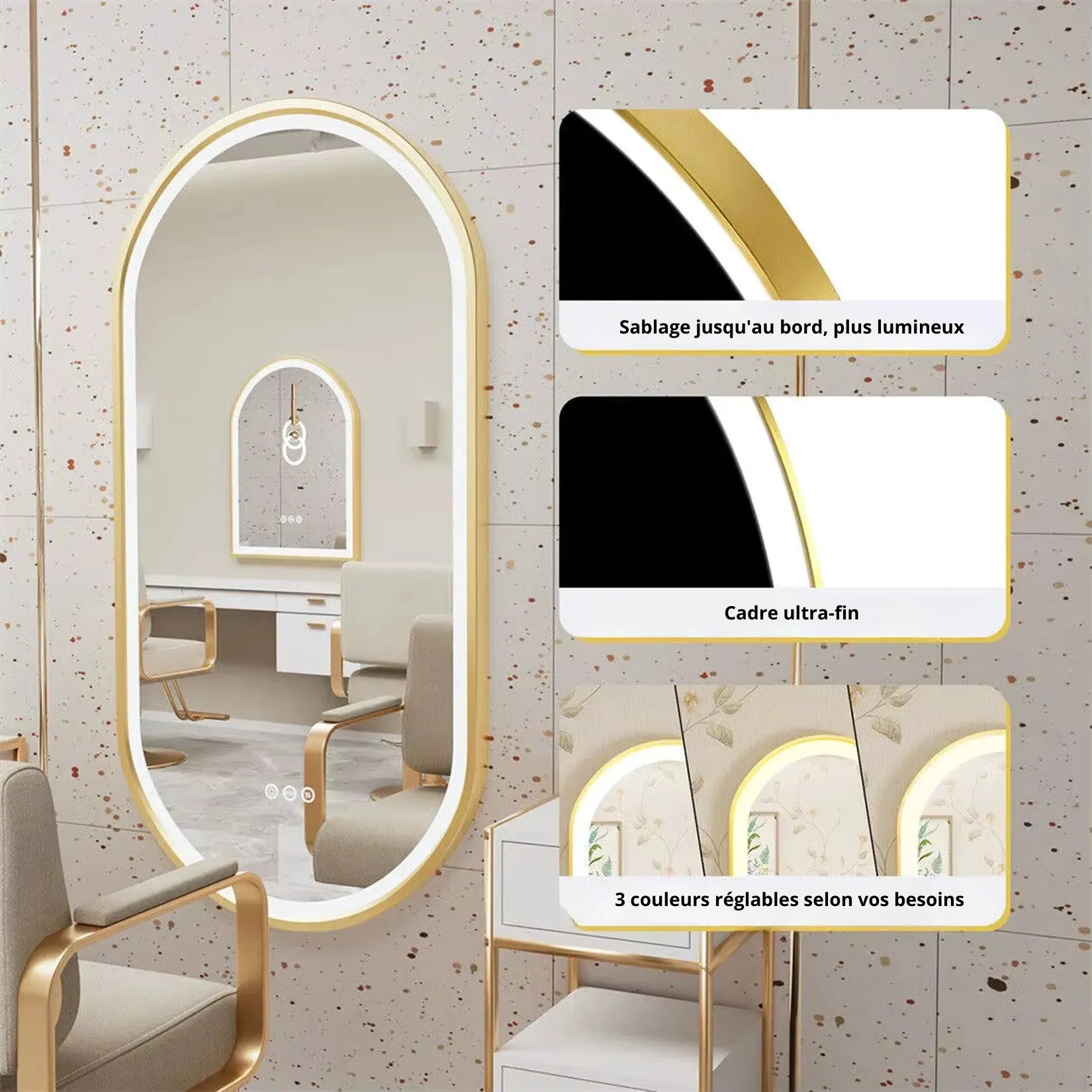 Miroir doré salle de bain LED ovale – cadre aluminium doré sablage bord et 3 couleurs.