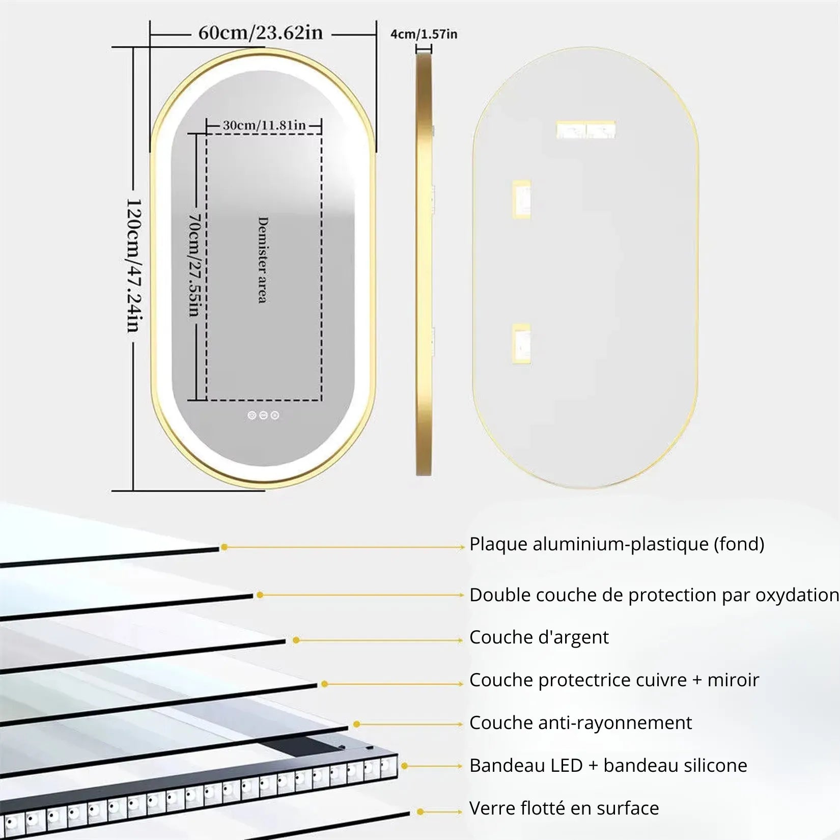 Miroir doré salle de bain LED 120x60 cm – dimensions et coupe technique couches verre.