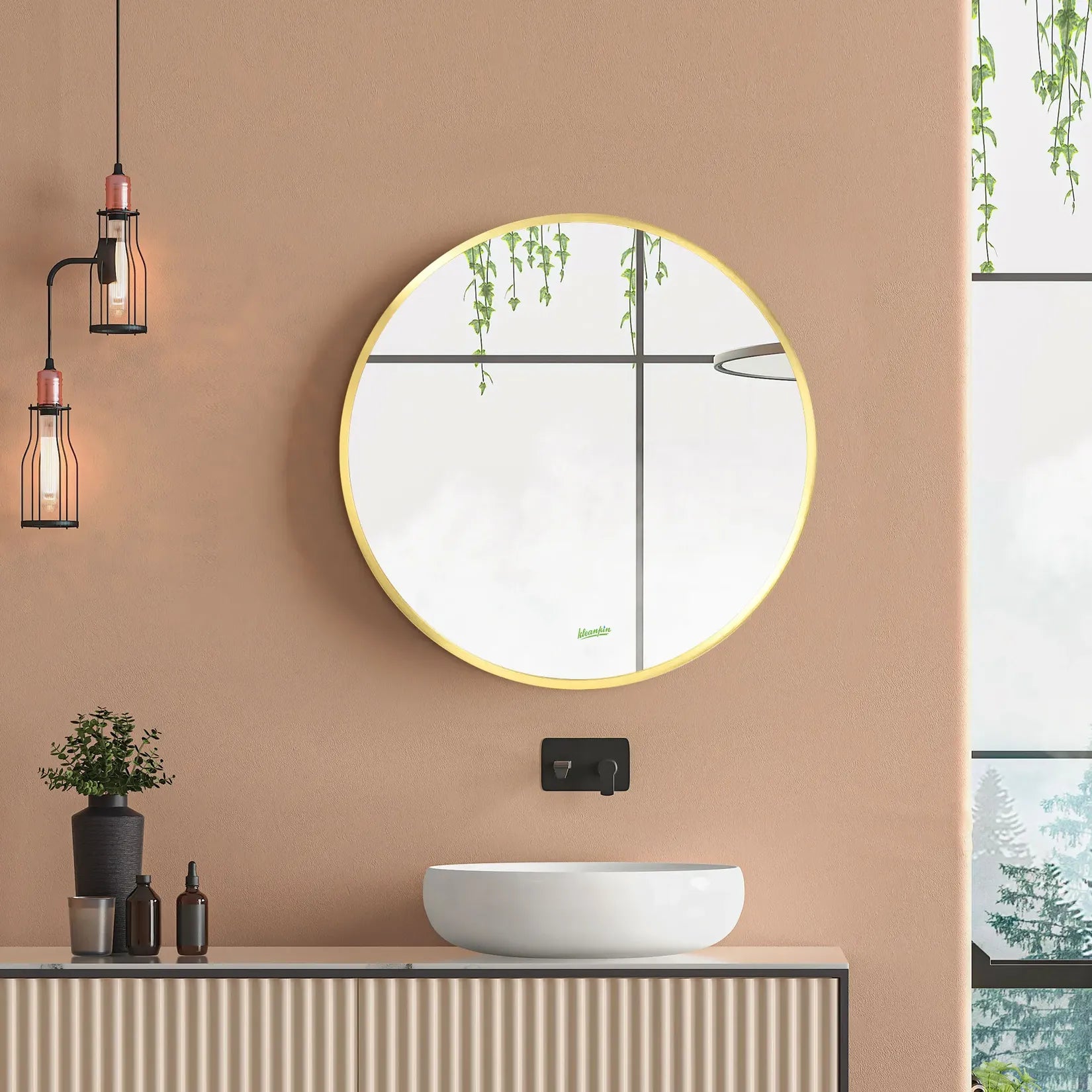 Miroir doré salle de bain rond 50 cm – décoration murale vasque terracotta.