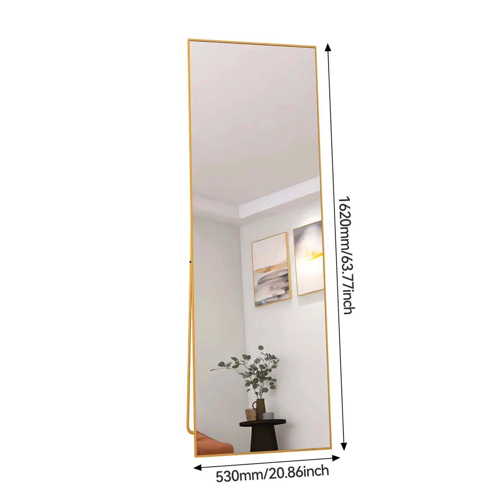 Miroir doré sur pied avec dimensions de 162x53 cm, idéal pour les espaces modernes.