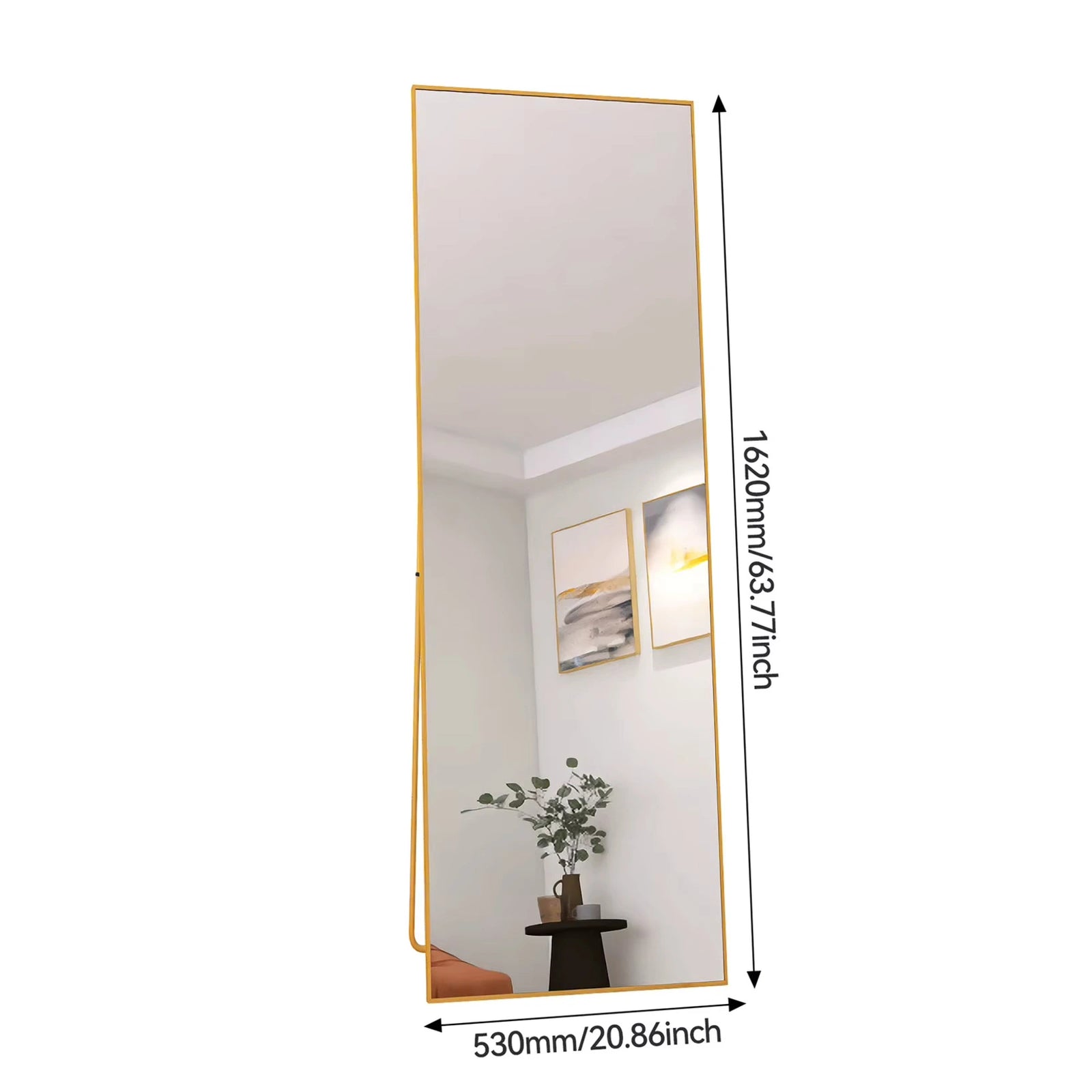 Miroir doré sur pied avec dimensions de 162x53 cm, idéal pour les espaces modernes.