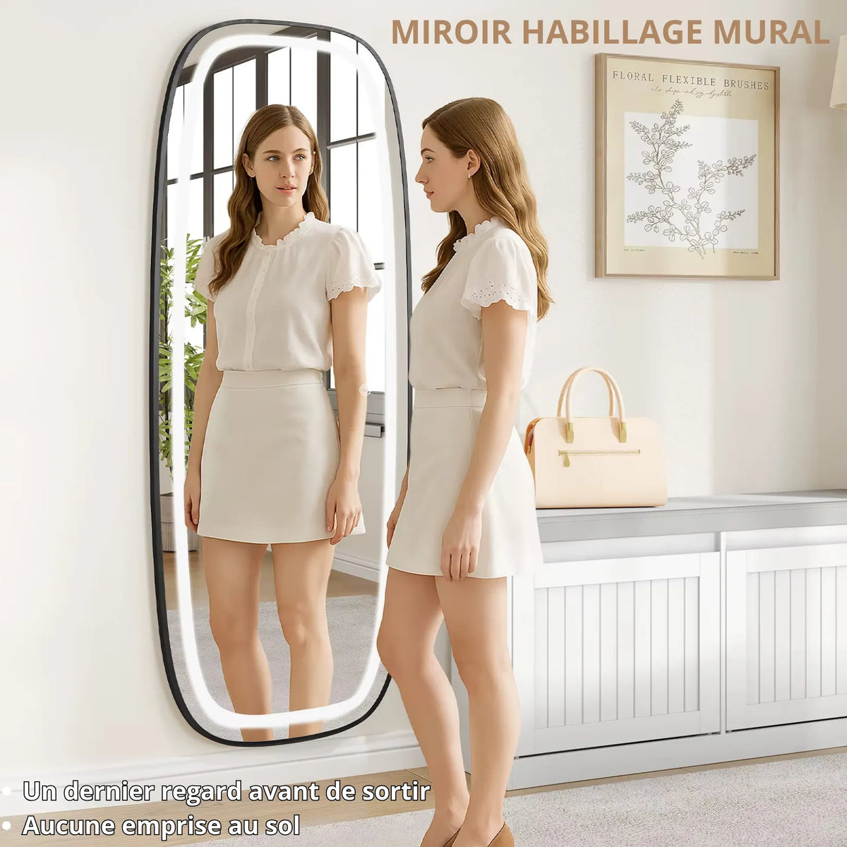 Femme vérifiant sa tenue dans un miroir dressing lumineux fixé au mur avant de sortir.