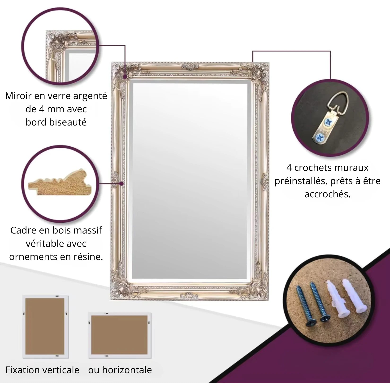 Caractéristiques du miroir en bois rectangulaire.