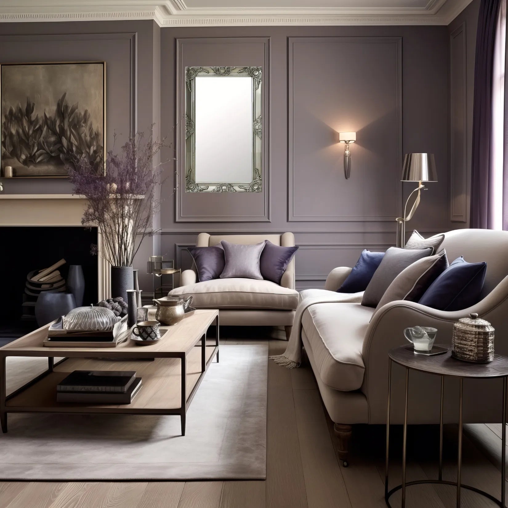 Miroir en bois rectangulaire intégré dans un salon classique chic.