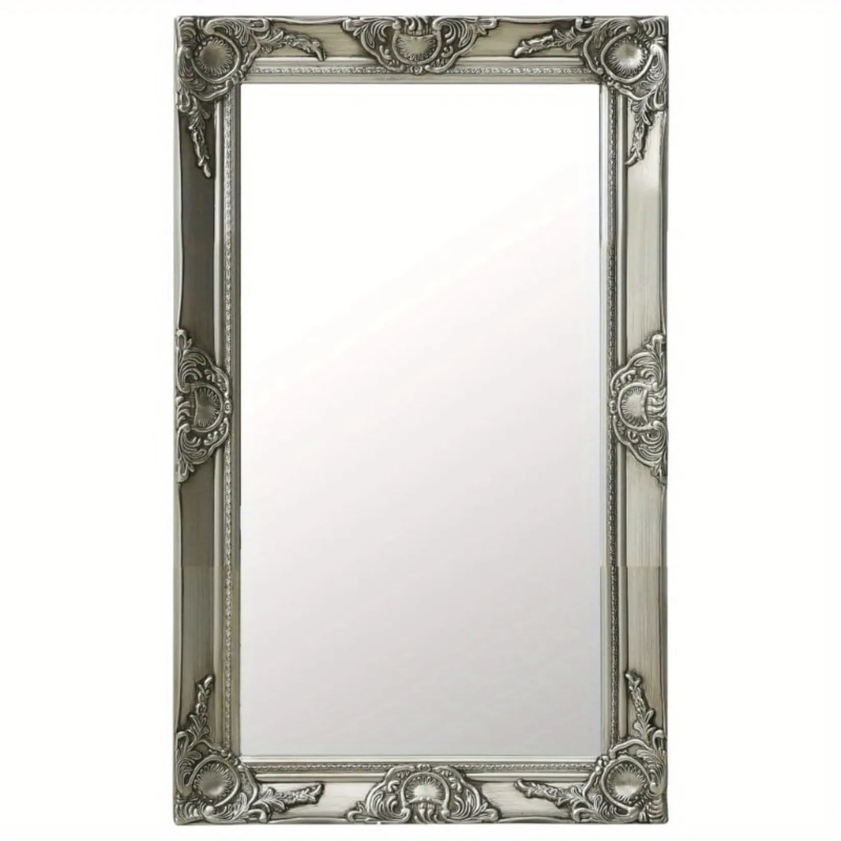 Miroir en bois rectangulaire vu de face avec moulures argentées.