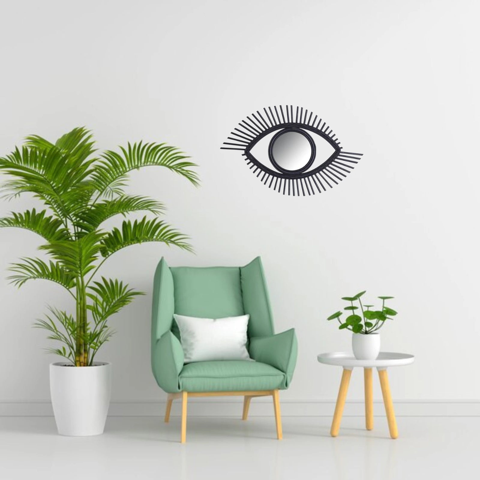 Miroir mural en rotin noir idéal pour habiller un mur de salon avec élégance.