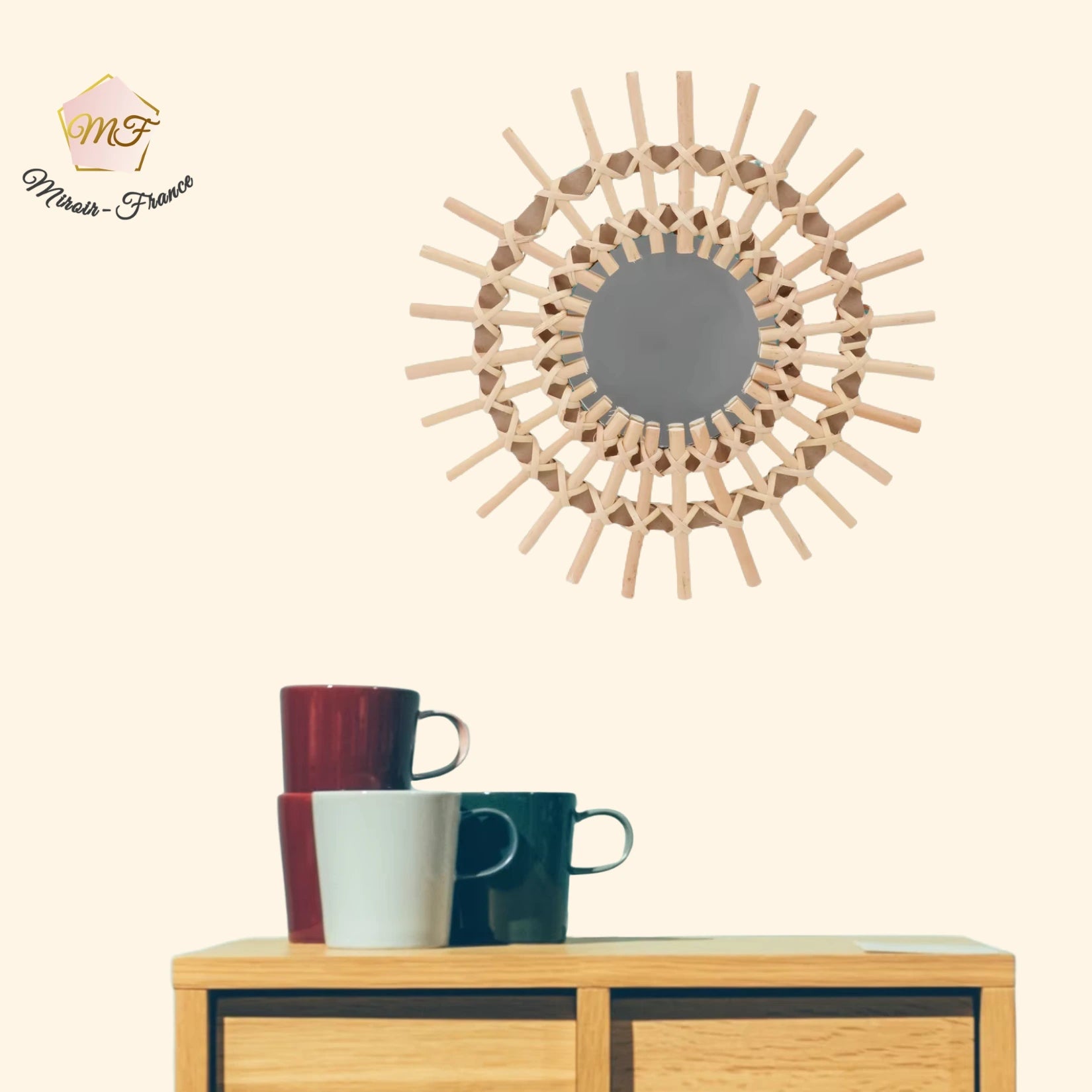Miroir en rotin pas cher au style bohème, parfait pour une ambiance cosy et tendance.