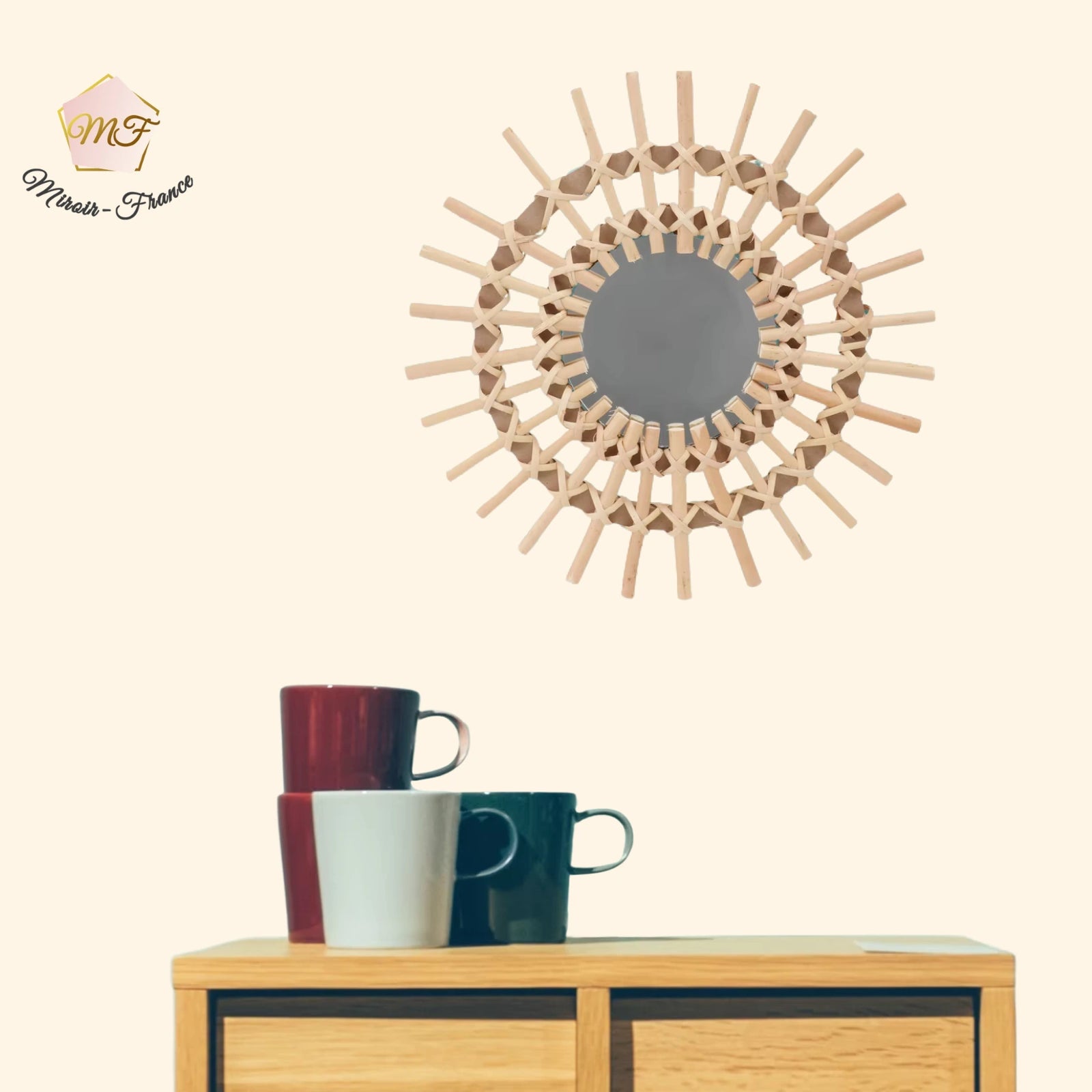 Miroir en rotin pas cher au style bohème, parfait pour une ambiance cosy et tendance.