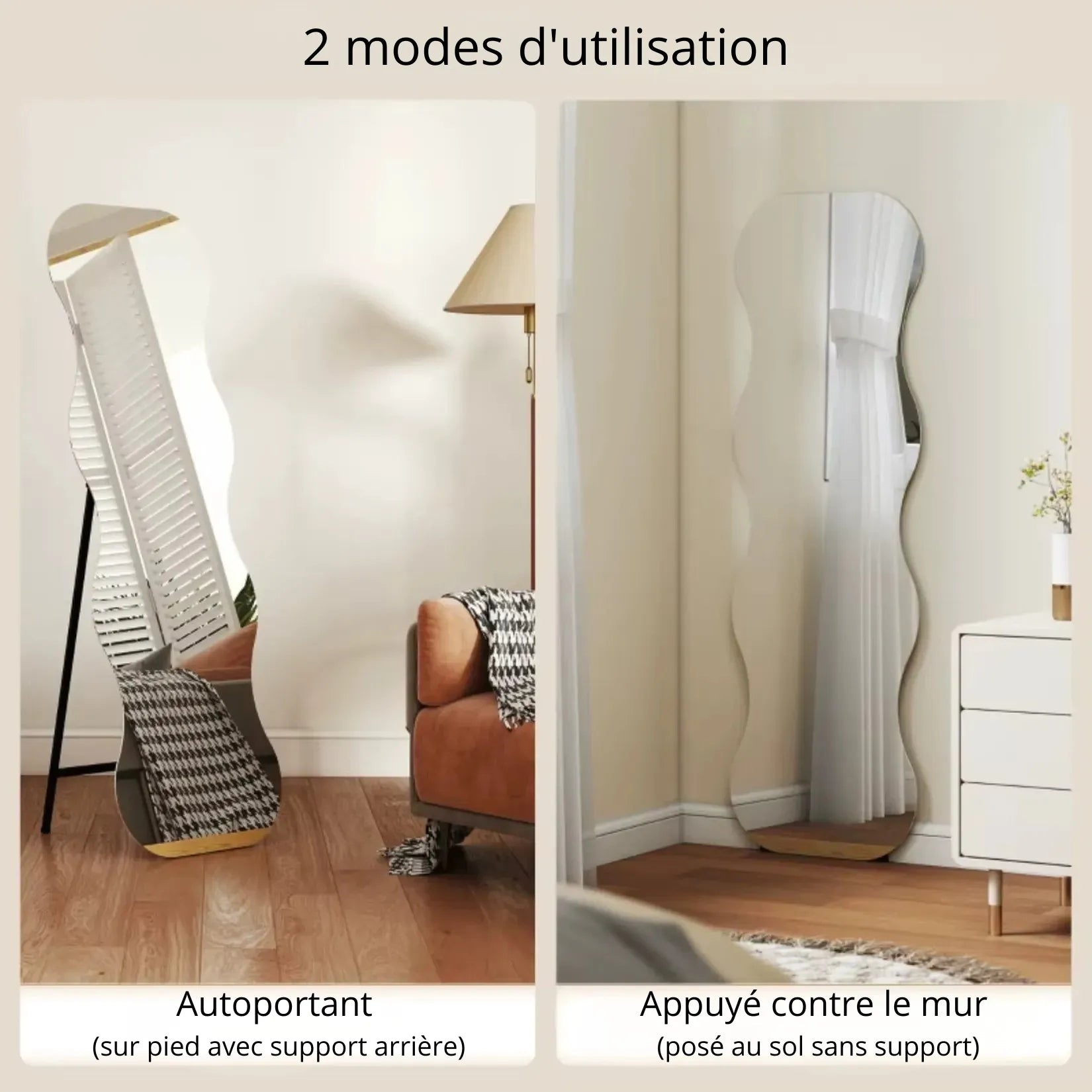 Miroir en Vague deux modes utilisation autoportant ou appuyé contre mur.