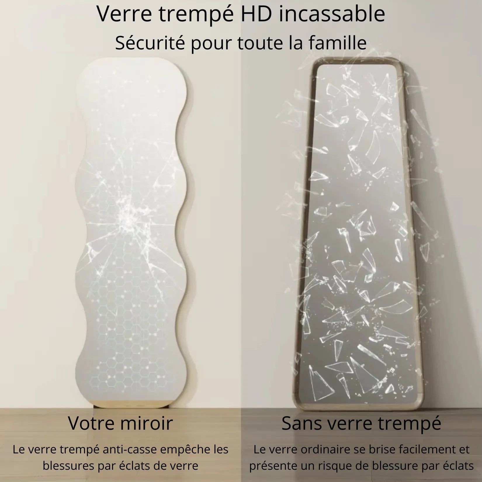 Miroir en Vague verre trempé HD incassable sécurité anti-éclats.