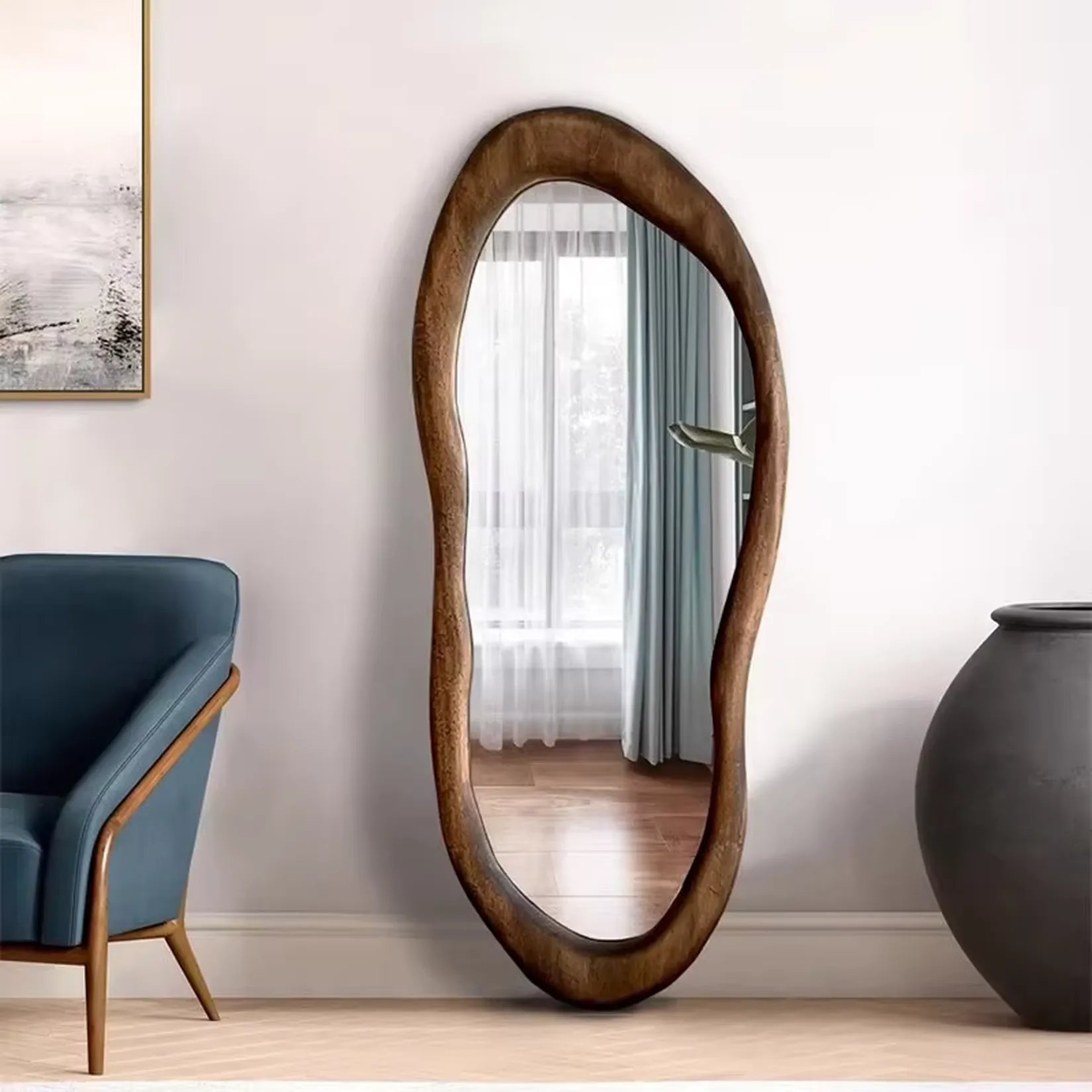 Miroir Entrée Asymétrique Bois Pleine Hauteur.