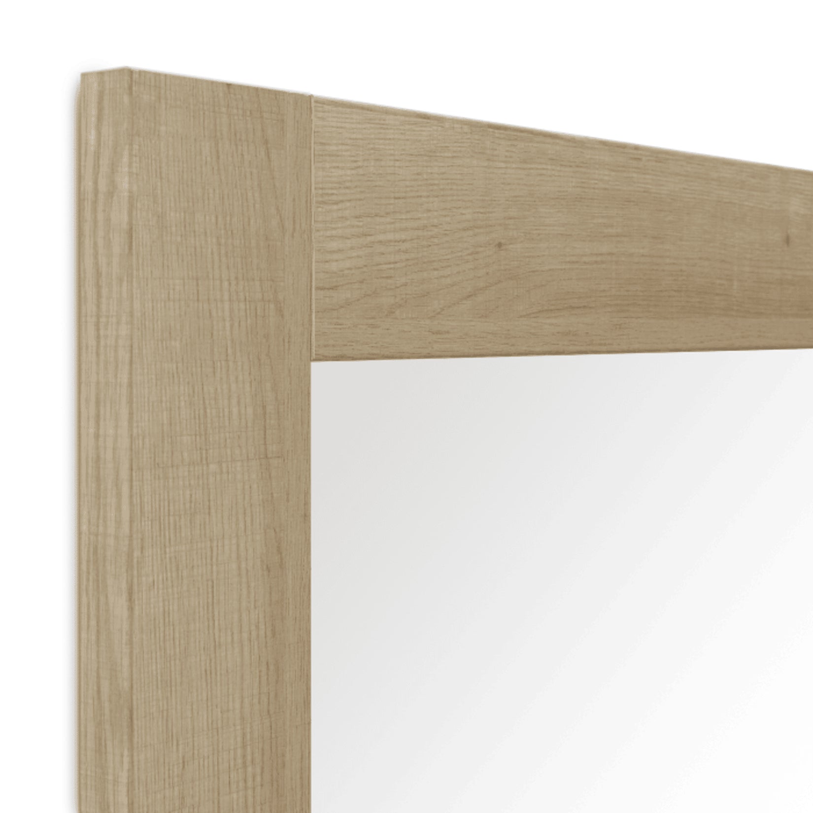 Zoom sur l'angle du cadre du miroir étagère bois.