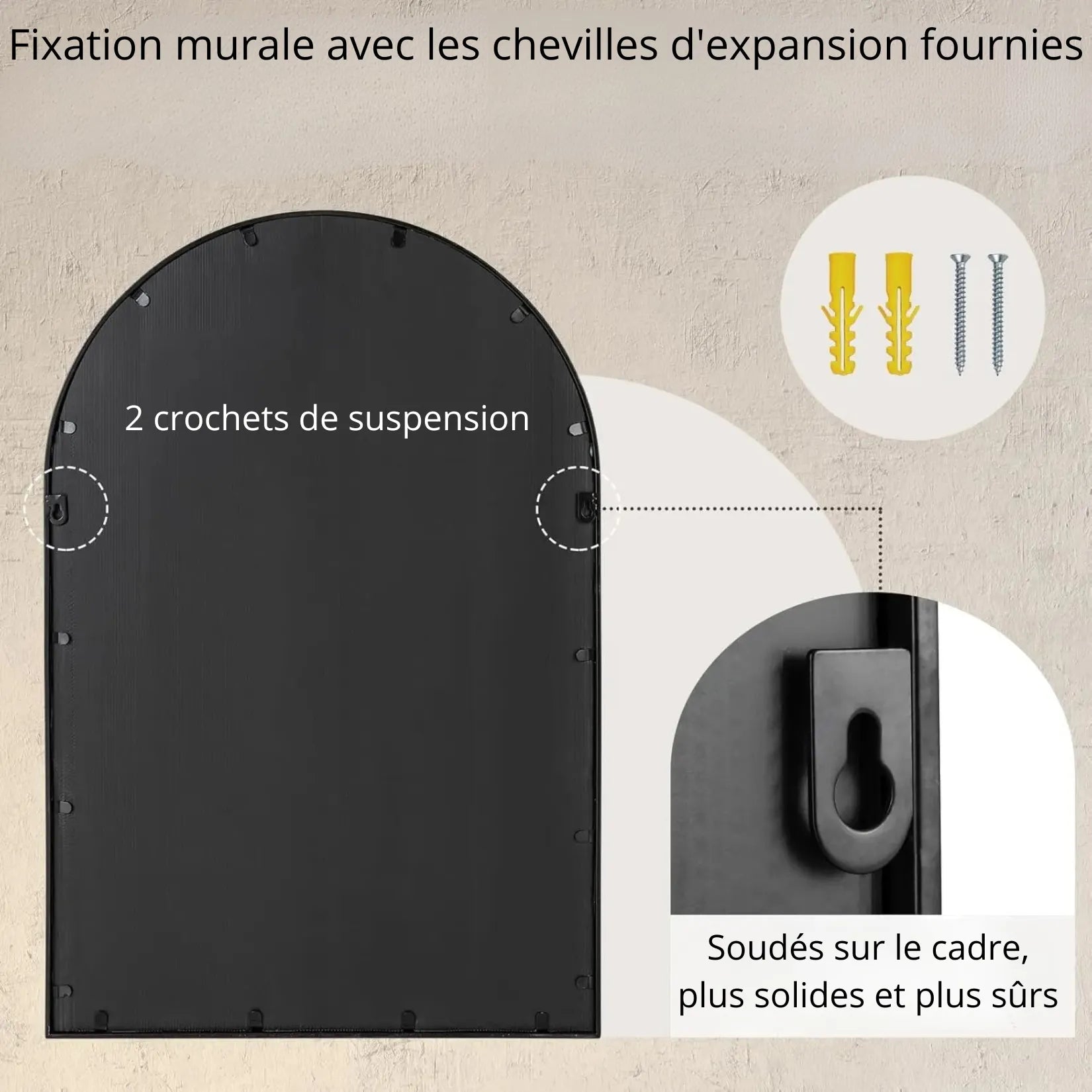 Fixation murale miroir fenêtre arche – 2 crochets soudés et chevilles d'expansion fournies.