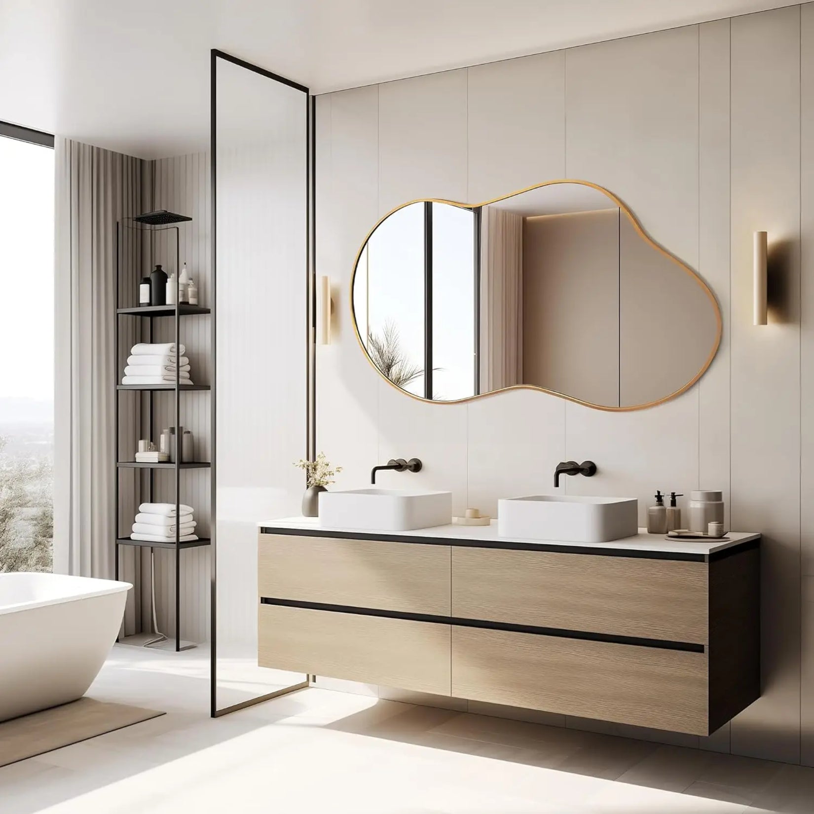 Miroir forme irrégulière avec cadre doré grand format dans une salle de bain lumineuse.