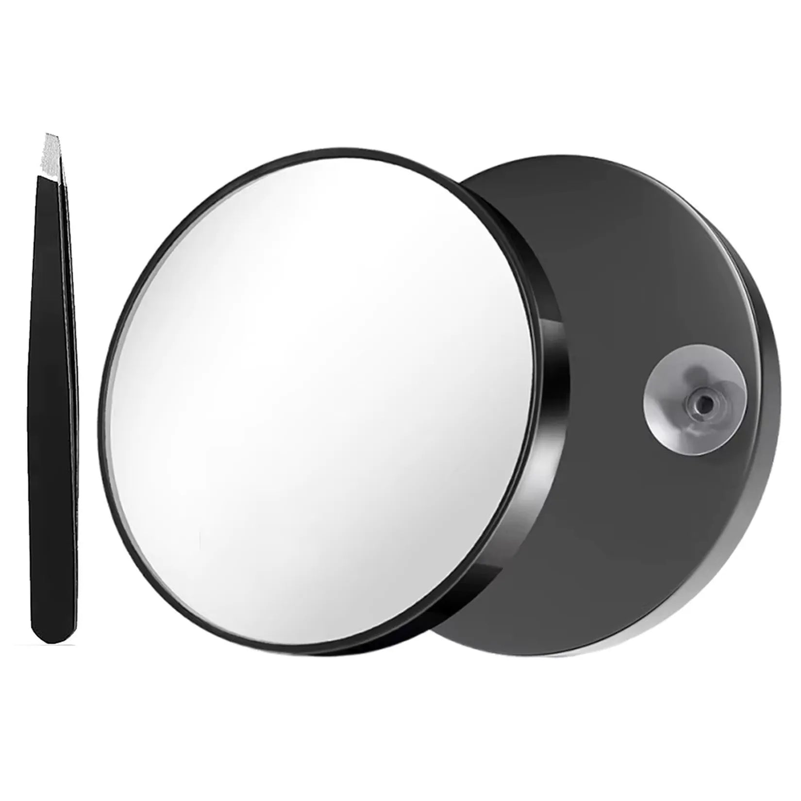 Miroir grossissant 30x noir avec pince à épiler incluse – vue face et dos.