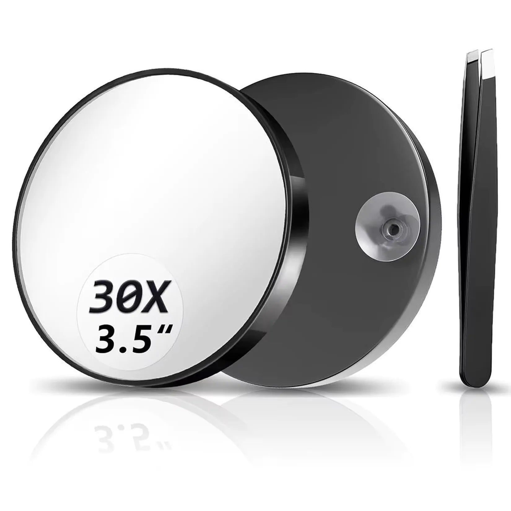 Miroir grossissant 30x à ventouse noir – dimensions 8,8 cm et pince à épiler.