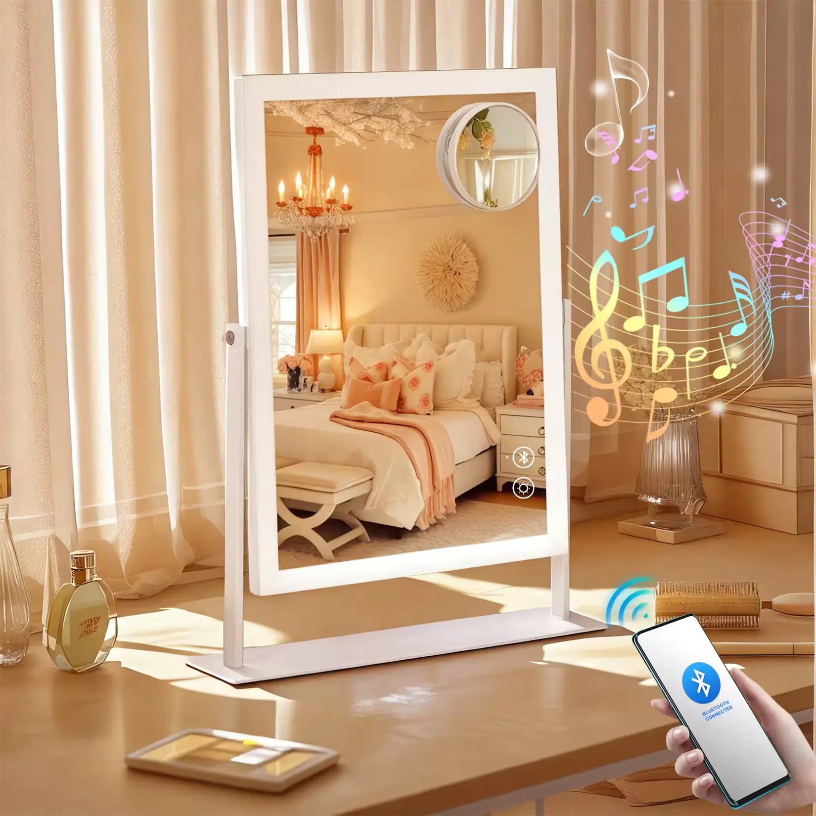 Miroir Grossissant avec Lumiere Bluetooth connexion smartphone musique.
