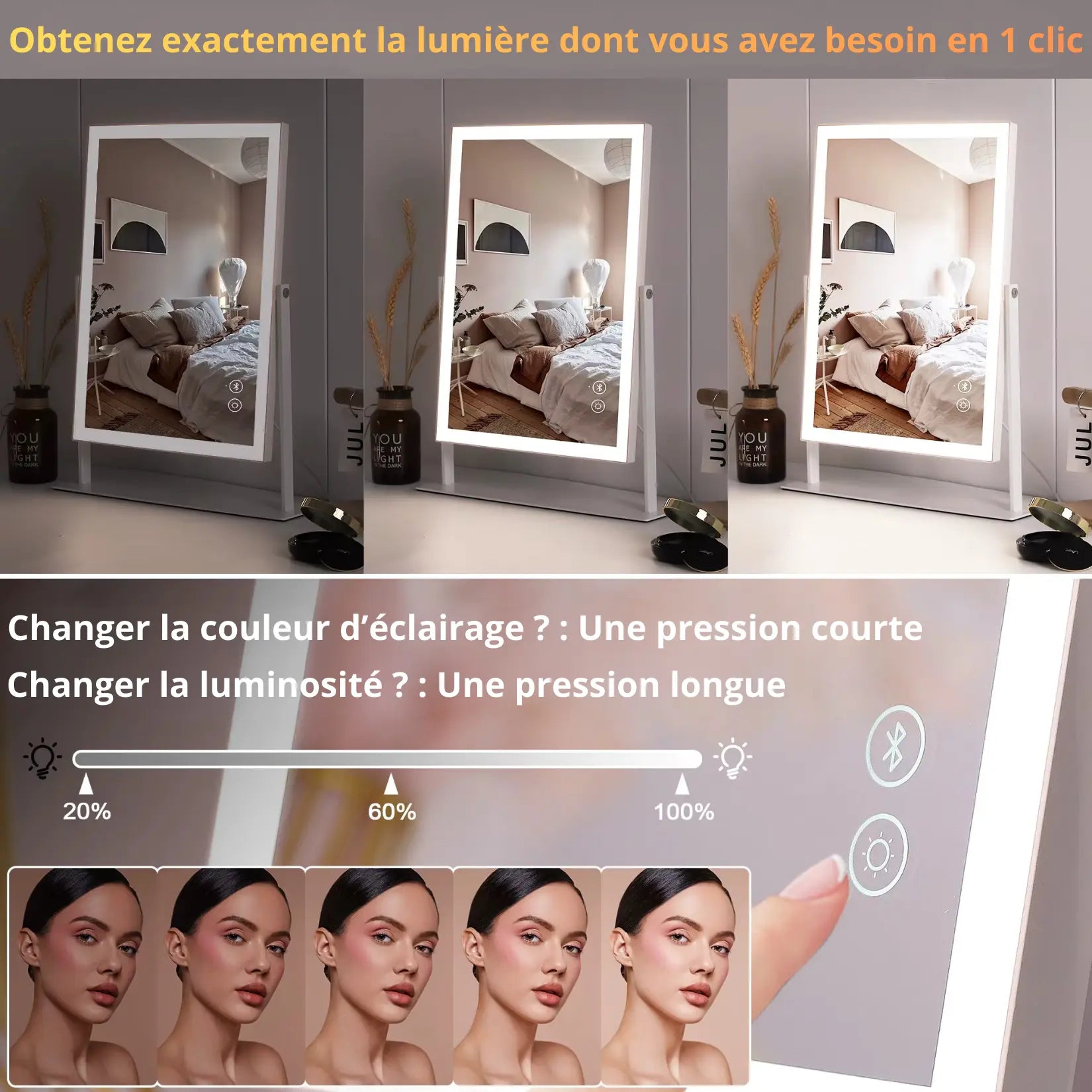 Miroir Grossissant avec Lumiere réglage luminosité et couleur tactile.