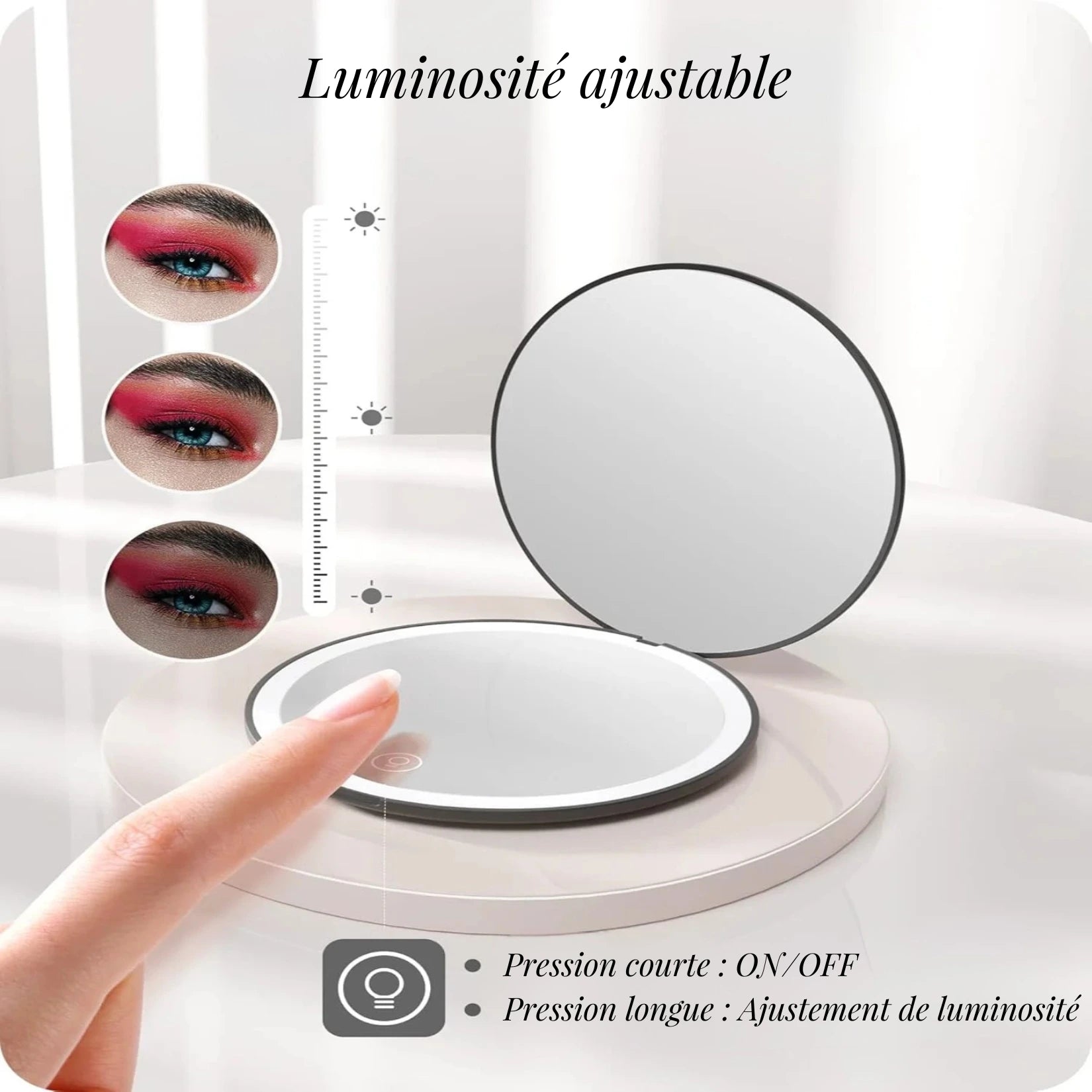 Miroir Grossissant de Poche à LED avec luminosité ajustable.