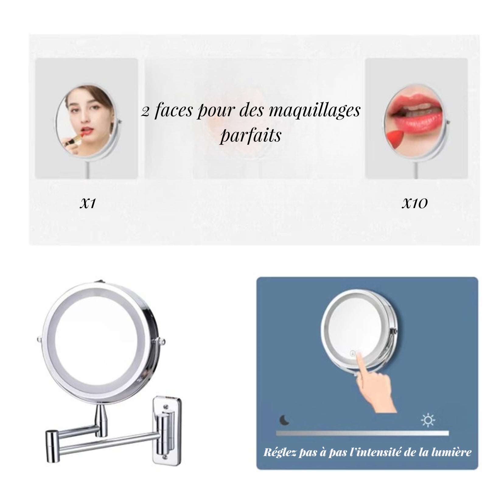 Miroir grossissant LED avec double face x1 et x10 pour maquillage parfait.