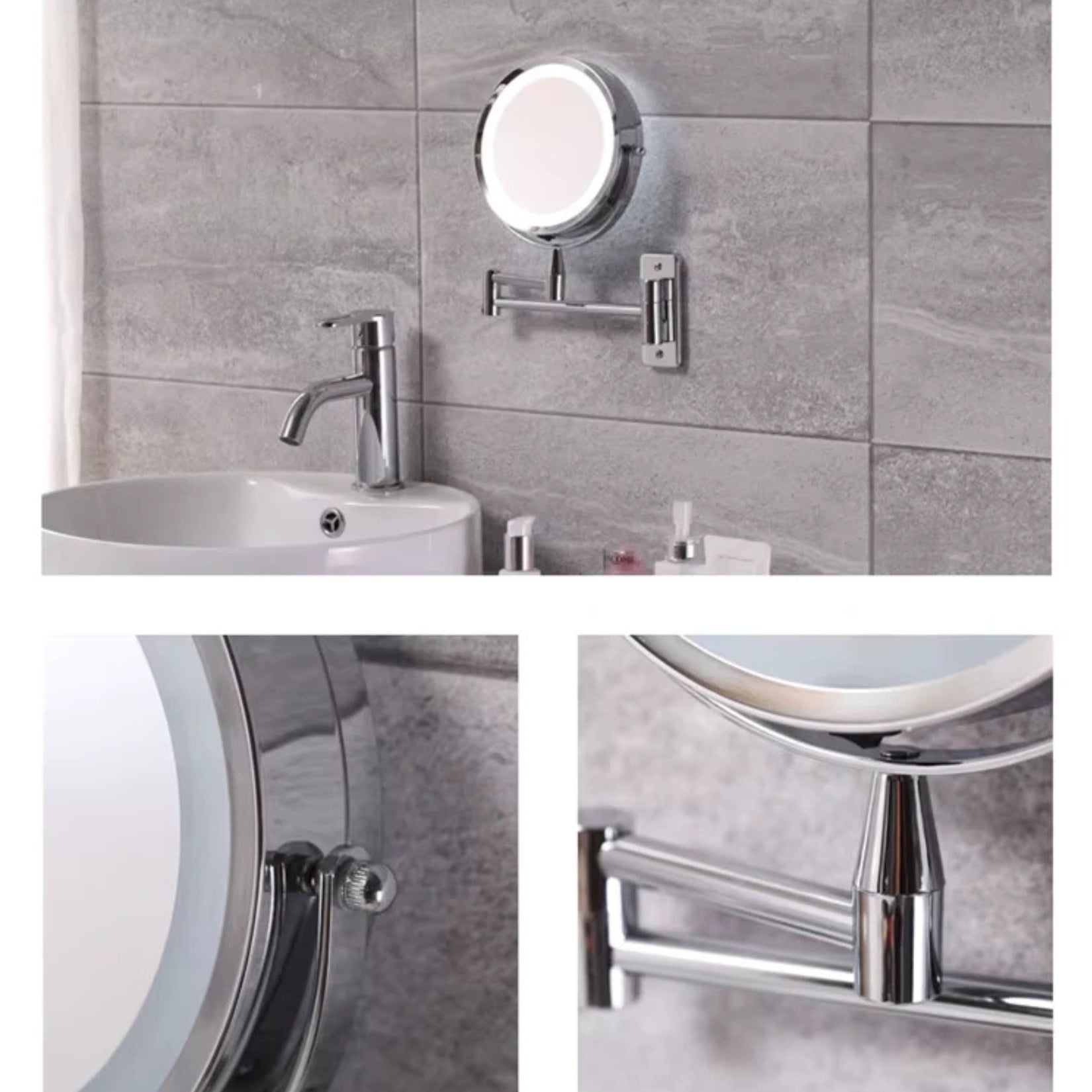Miroir grossissant LED mural, parfait pour une salle de bain moderne.